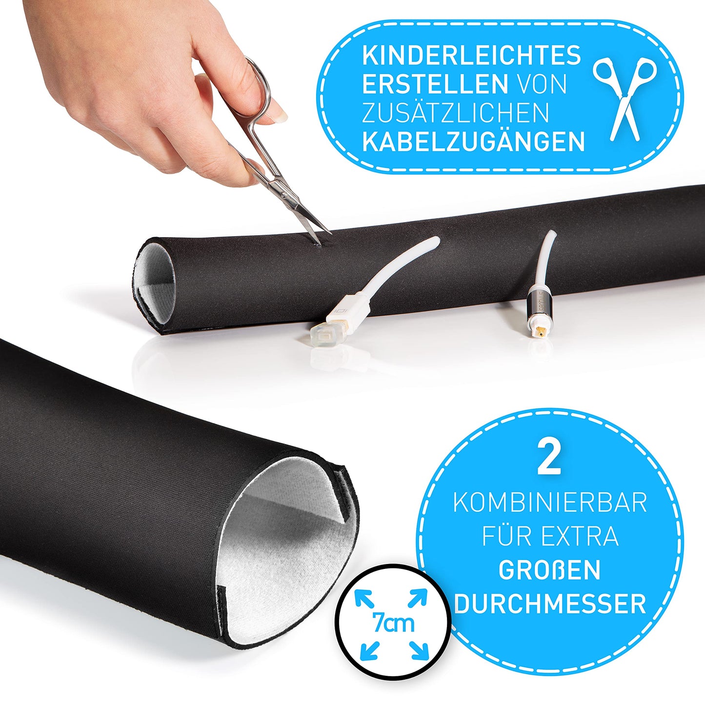 Wertmann Neopren Kabelschlauch [3m] für TV oder PC Kabelmanagement Schreibtisch - Einstellbarer Durchmesser - als Flexibler Kabelkanal Schreibtisch oder als Kabelschutz Katze in schwarz oder weiß