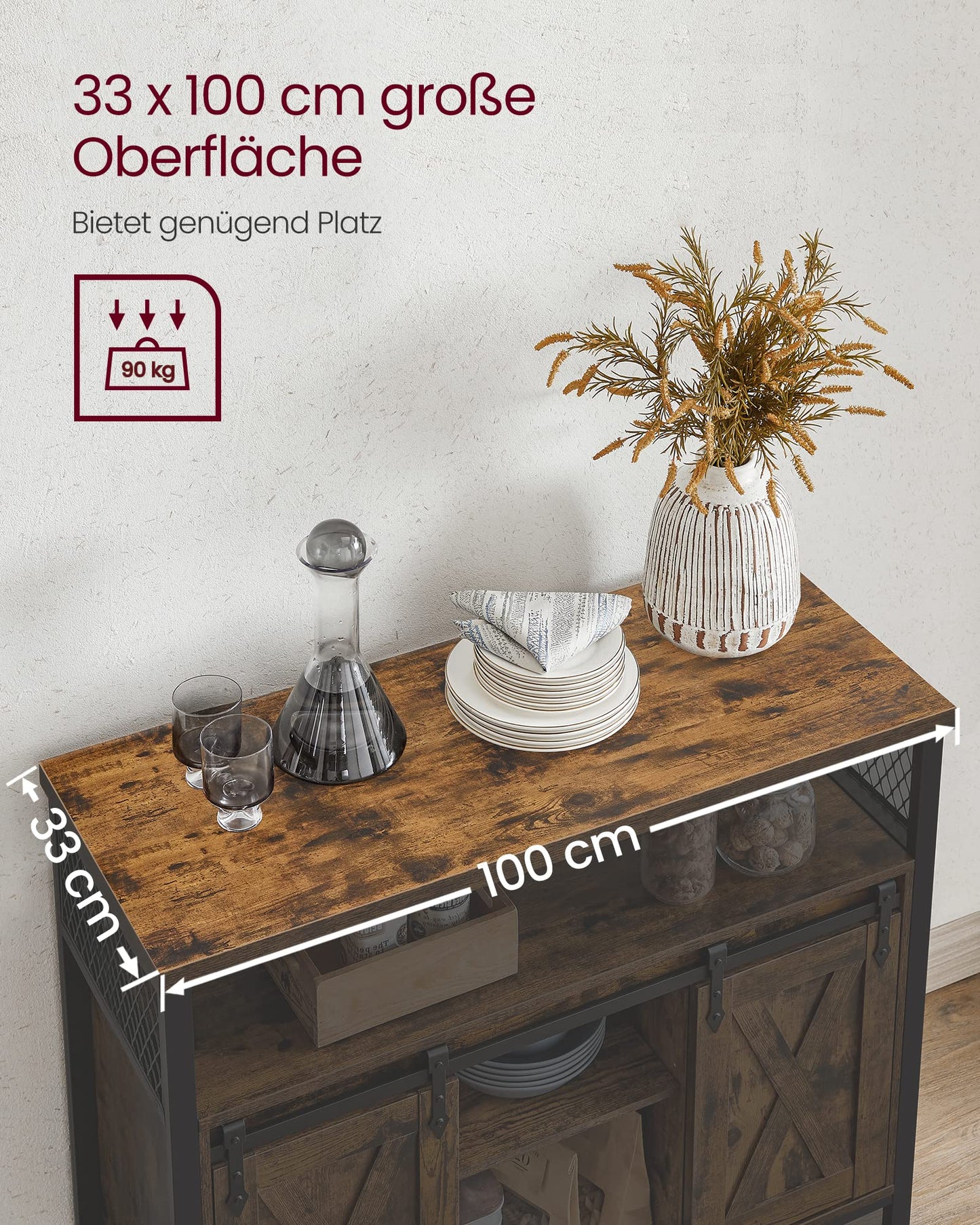 VASAGLE Sideboard, Küchenschrank, Aufbewahrungsschrank, mit 2 Schiebetüren, 33 x 100 x 80 cm, verstellbare Ablagen, Landhausstil, für Wohnzimmer, vintagebraun-schwarz LSC092B01