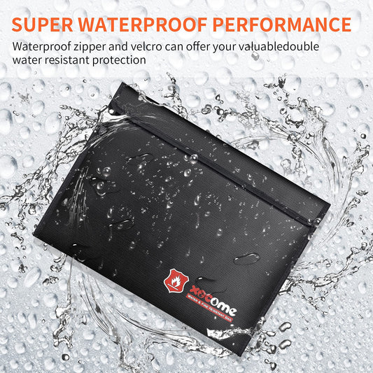 xocome 2 Stück Feuerfeste und wasserdichte Tasche(38x28cm, 23x17.5cm) Zweilagigen Glasfasermaterial, Feuersichere wasserdichte Aktentasche für A4 Dokumente, Passport Bankdatei Geld Wertsachen(Schwarz)