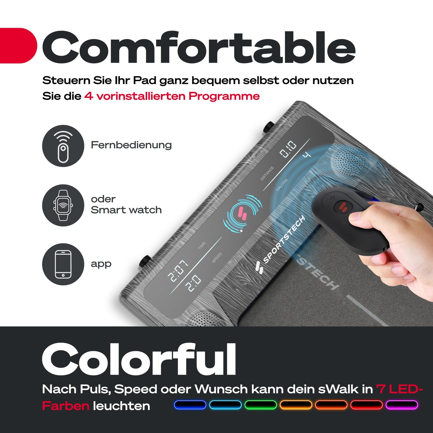 sWalk Walking Pad Laufband mit LED - Deutsche Qualitätsmarke - 1-6 km/h Geschwindigkeit mit interaktivem LCD-Display & App kompatibel - Flexibles Under Desk Schreibtisch Treadmill für Zuhause & Büro