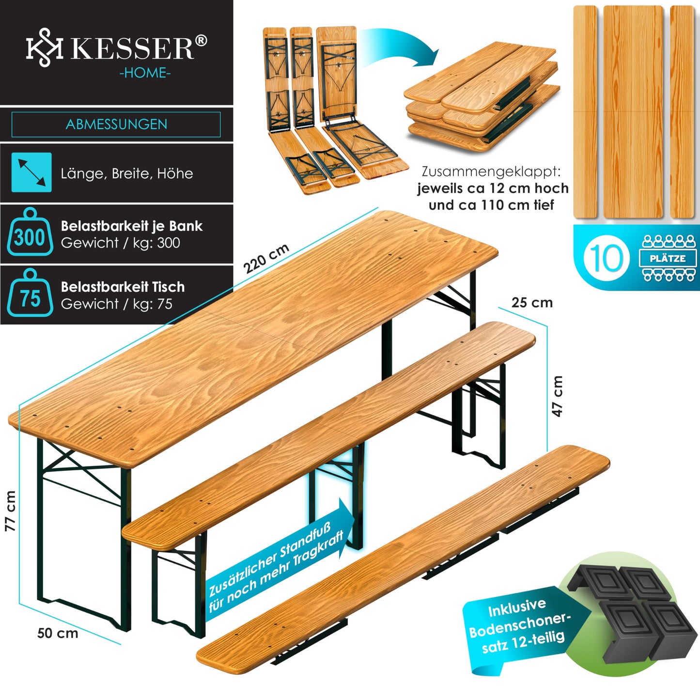 KESSER® Bierzeltgarnitur 3 teilig Gartenmöbel-Set | Klappbar 220 x 50 x 77cm | 2X Bierbänke 1x Biertisch | Festzeltgarnitur Biertisch Stehtisch Sitzgarnitur Holz 16-teiliges Bodenschoner-Set