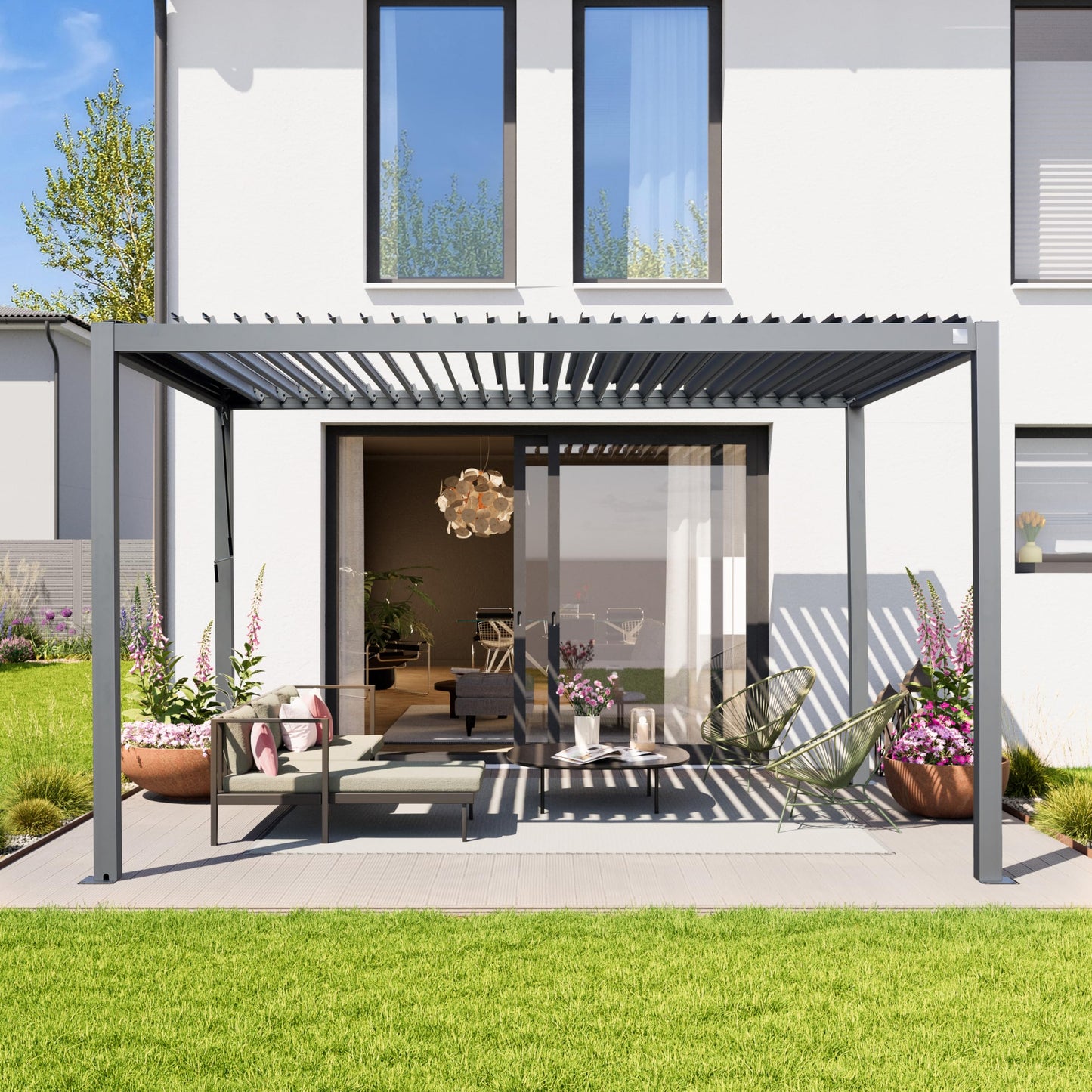 PRIMEYARD Pergola 3x4 m Aluminium-Pfosten mit Lamellendach aus Stahl graue Terrassenüberdachung