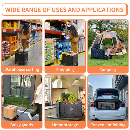 EULANT 2 in 1 Faltbarer Handwagen mit 60L Faltbox und Deckel – Transportkiste mit Rollen und Bremse, Klappbarer Einkaufstrolley mit 360° drehbaren Rädern, 100 kg Tragkraft