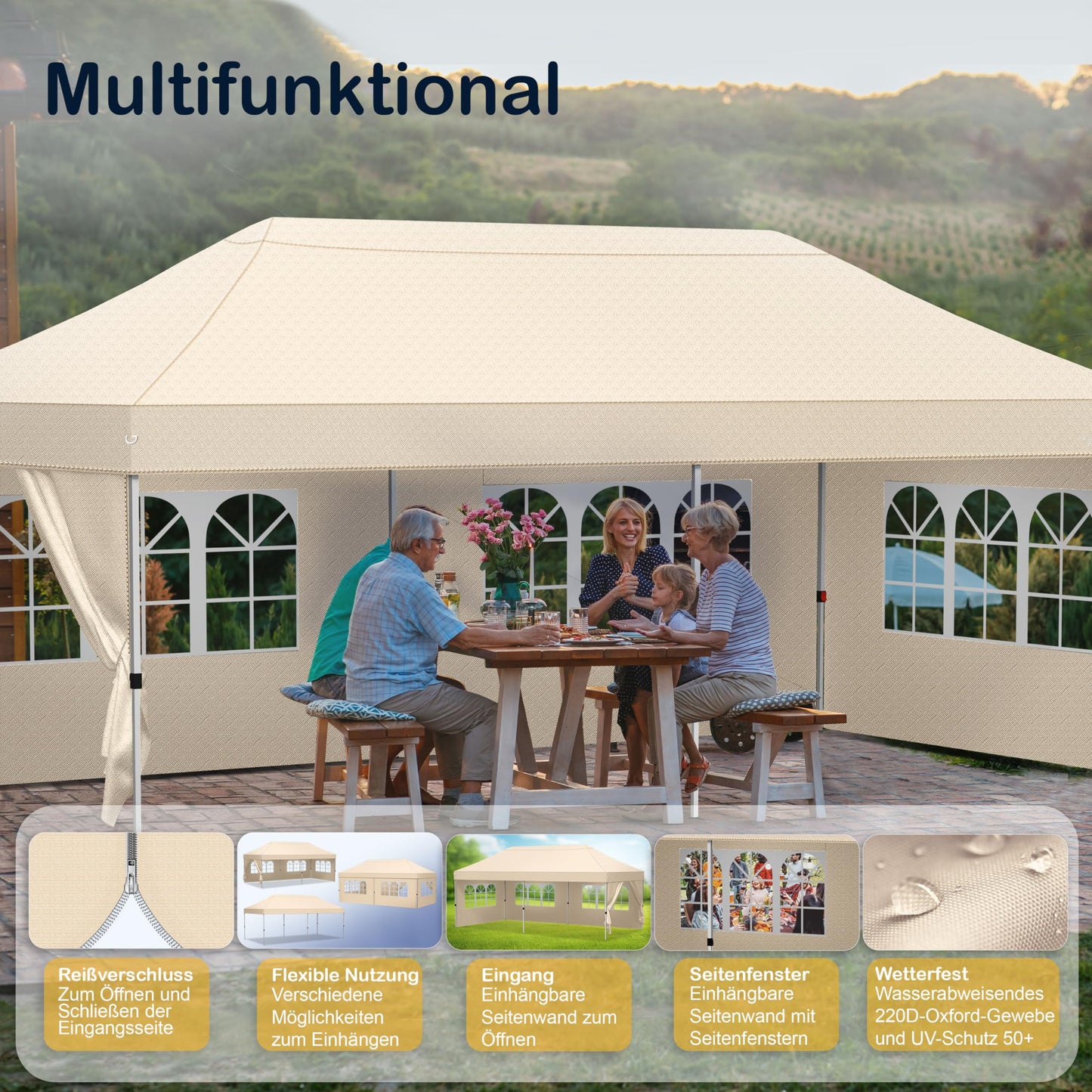 KESSER® Pavillon Faltpavillon 6x3m Festzelt mit 6 abnehmbaren Seitenwänden | Gartenzelt Höhenverstellbar & Wasserdicht + Tasche Bodenanker | Pop-Up Klicksystem UV-Schutz 50+ Partyzelt Beige