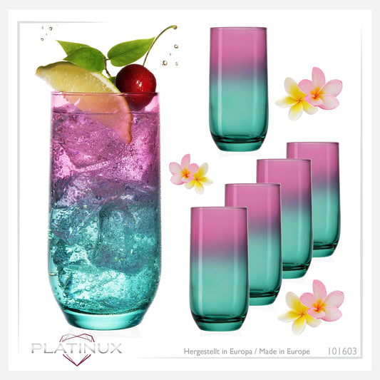 PLATINUX Trinkgläser Rosa-Türkis aus Glas Bunt 360ml (max. 440ml) Set 6 Stück Wassergläser Saftgläser Longdrinkgläser