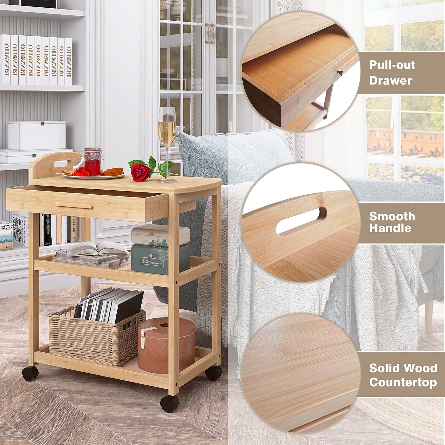 SMIBUY Kücheninsel Wagen auf Rädern mit Lagerung Schublade & Regale, Bambus 3-Tier Rolling Utility Serving Rack mit Massivholz Arbeitsplatte & Lockable Casters (Natural)