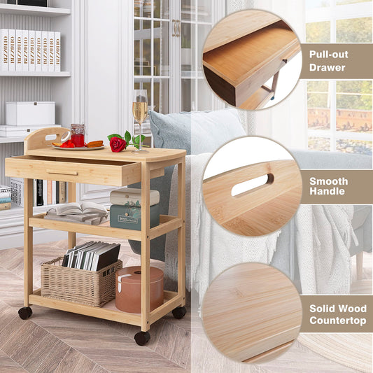 SMIBUY Kücheninsel Wagen auf Rädern mit Lagerung Schublade & Regale, Bambus 3-Tier Rolling Utility Serving Rack mit Massivholz Arbeitsplatte & Lockable Casters (Natural)
