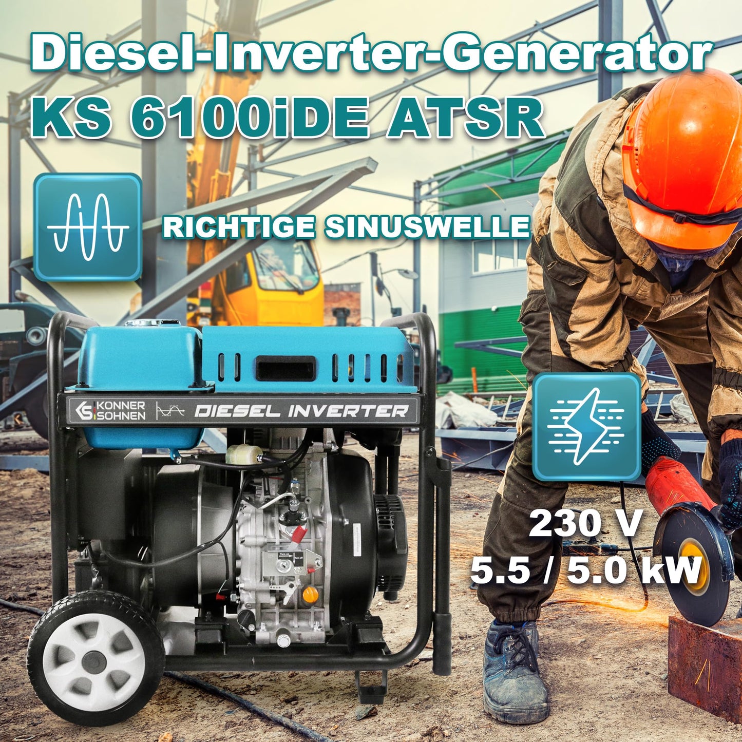 K&S Könner&Söhnen Diesel-Inverter-Generatoren KS 6100iDE ATSR, diesel notstromaggregat 5,5 kW, 2×Schuko 230 V, CEE 230 V 32 A,LED-Display, diesel Inverter - stromerzeuger mit Vorheizung