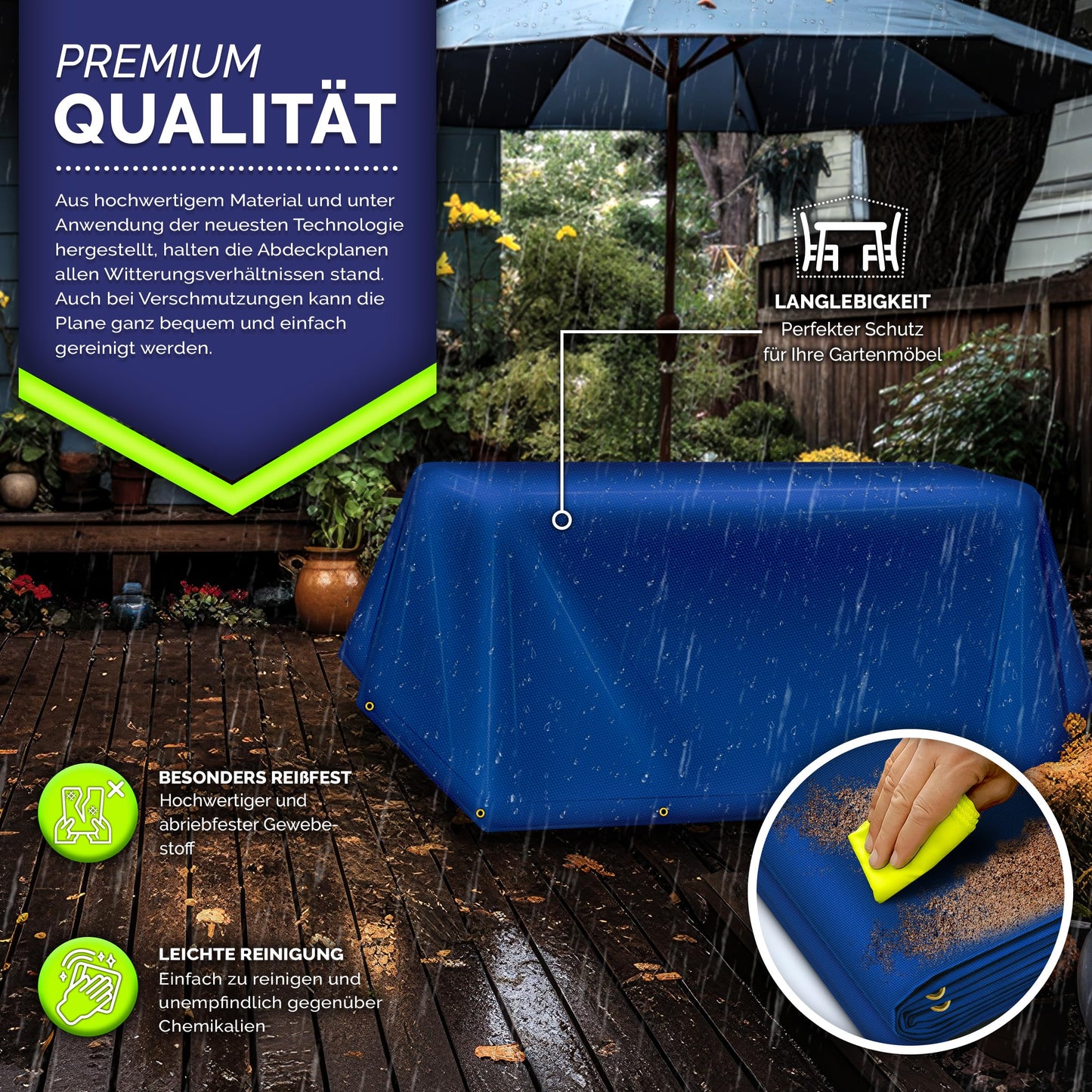 tillvex® Abdeckplane mit Ösen + 10x Spanngummi & 15m Seil | Gewebeplane 650g/m² Wasserdicht & Reißfest | Premium PVC-Plane Universell LKW, Pool, Holz Gartenmöbel | Gartenplane Abdeckung (Blau, 3x5 m)