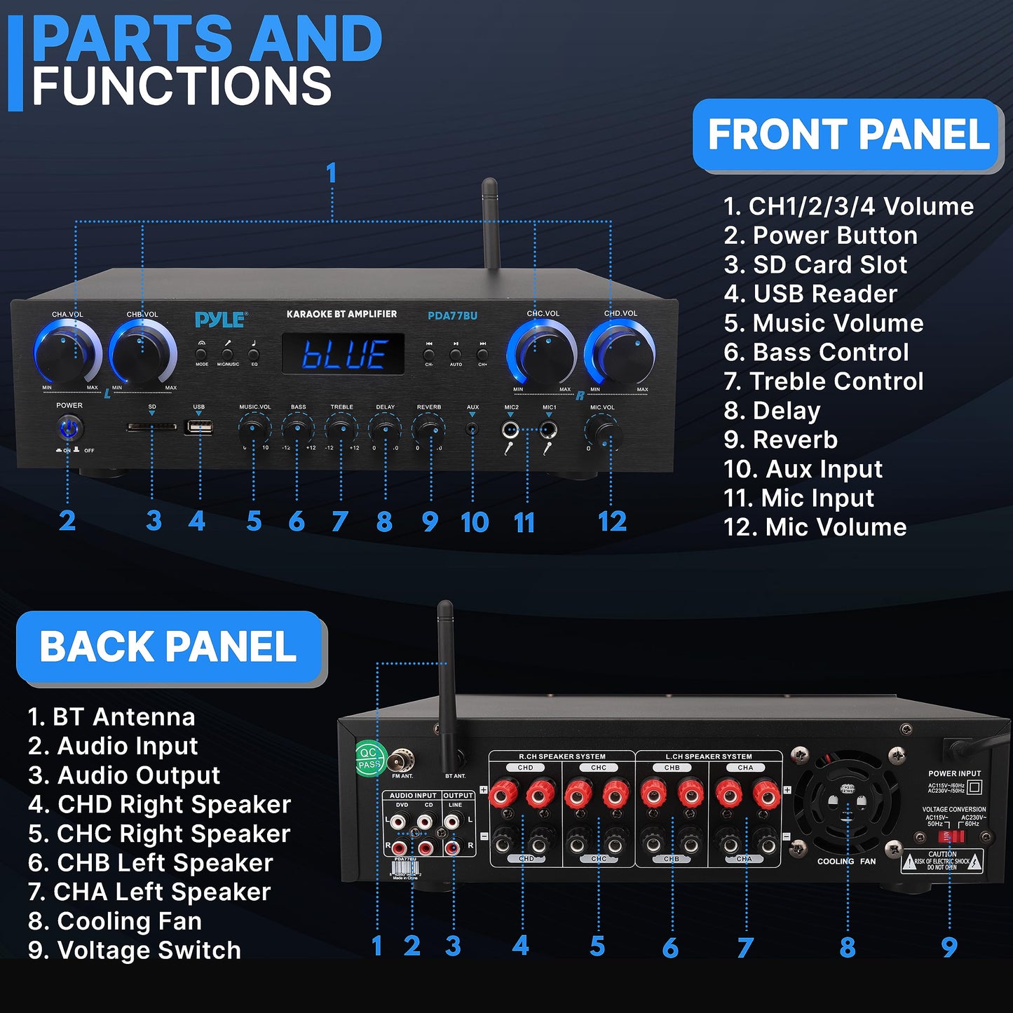 Pyle 800-Watt Heimkino-Verstärker Stereo-Receiver mit Bluetooth-Streaming, unabhängiger Mikrofon-Echo- & Lautstärkeregelung, MP3/USB/SD/AUX/FM-Radio