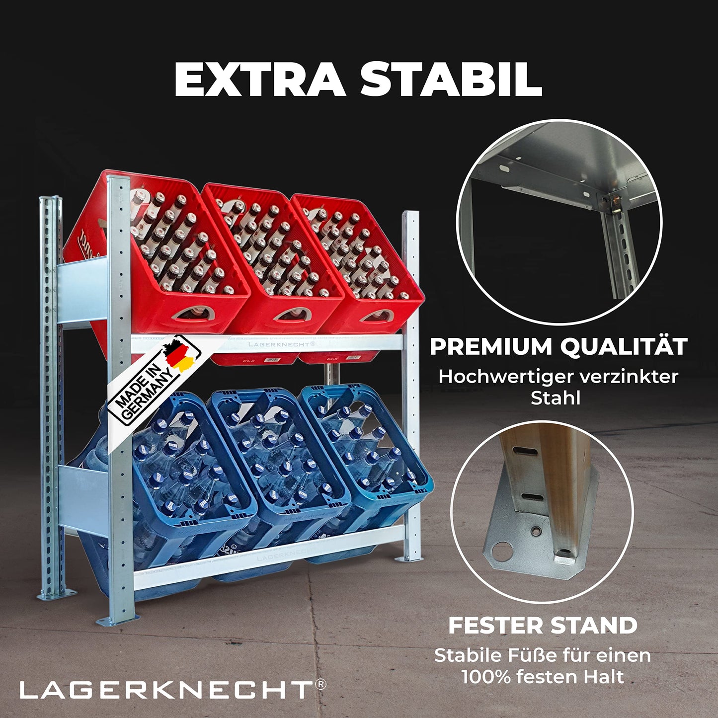 Lagerknecht Getränkekistenregal 6 Kisten Made in Germany professionelle Ordnung für Kisten; Regal für Getränkekisten, Getränkeregal, Wasserkistenregal, Bierkistenregal