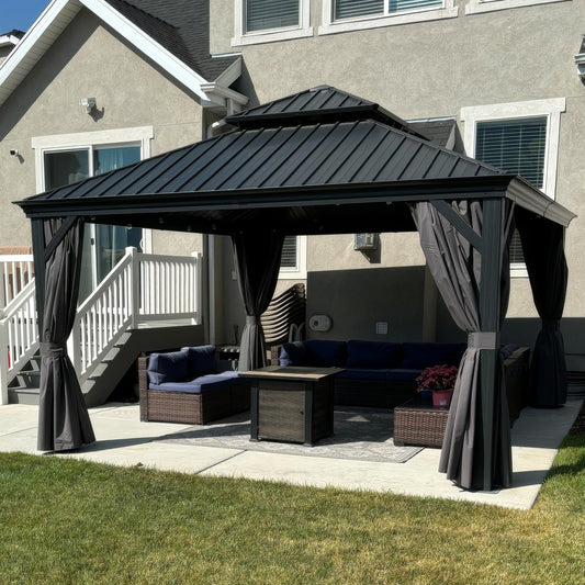 PURPLE LEAF Pavillon 4 x 4 m Wasserdicht Stabil Winterfest Gartenpavillon mit Stahldach Hardtop Pavillon mit Seitenteile Alu Pavillon, Grau