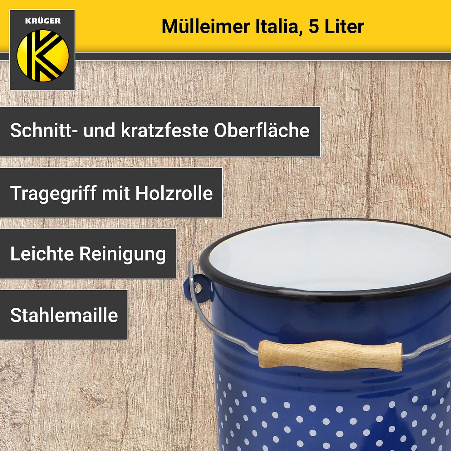 KRÜGER Mülleimer mit Deckel - Stahl Abfalleimer mit Emaille-Beschichtung und Holzgriff - schnitt- und kratzfeste Oberfläche - langlebig und vielseitig einsetzbar (5 Liter, Italia)