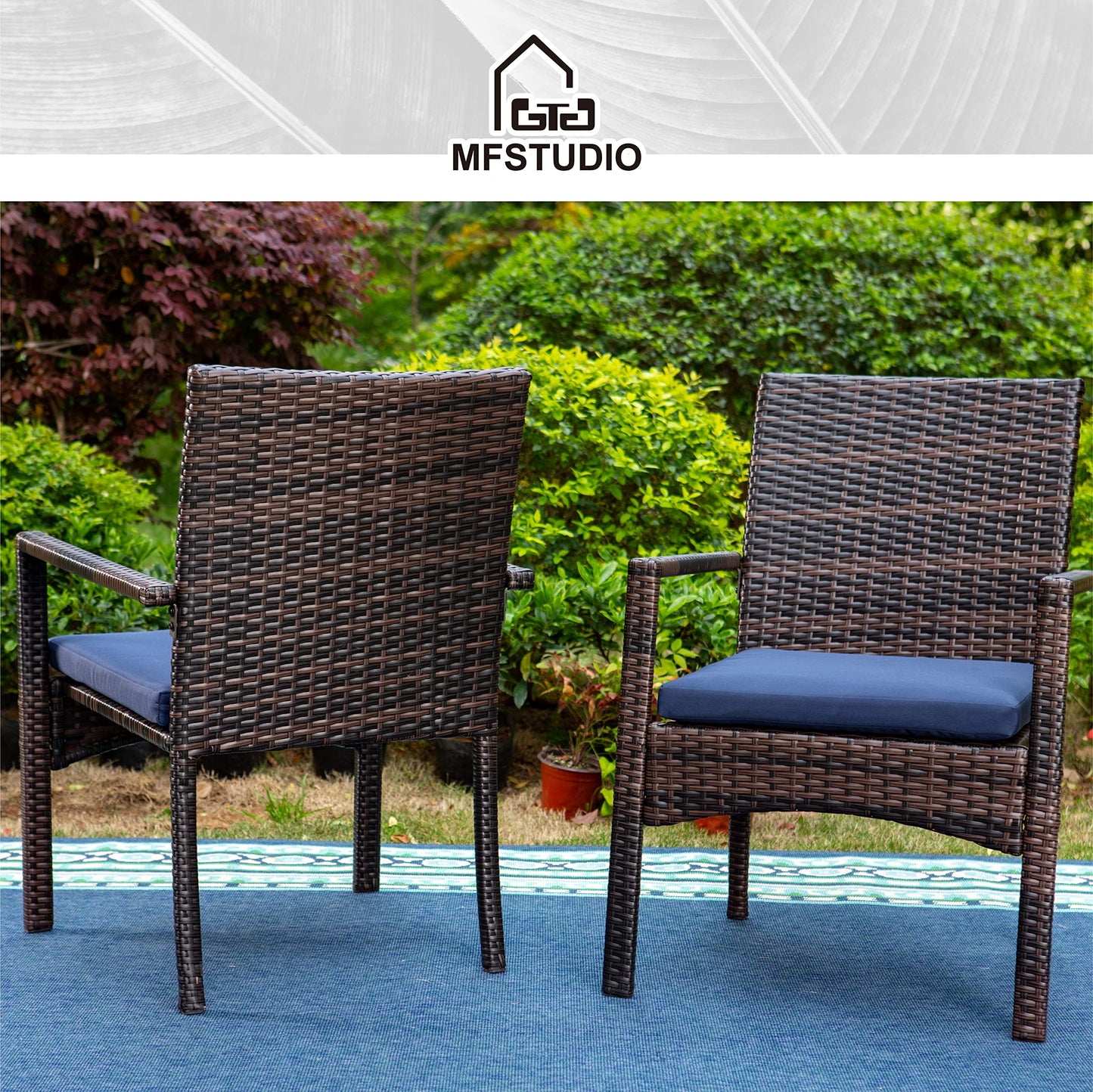 MFSTUDIO Rattan Balkonmöbel Set, Gartenmöbel Set 4 Stühle mit Tisch, Quadratische Stahl Lamellen Tisch mit 4cm Schirmloch und 4 Polyrattan Sessel für Terrasse, Balkon, Bistro, Hinterhof