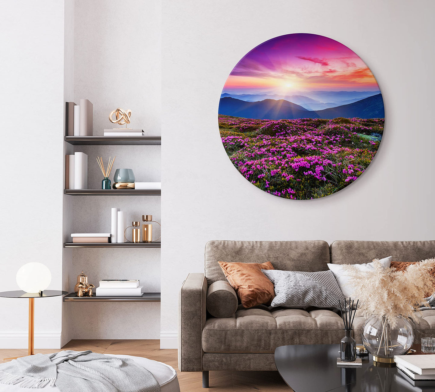 murando - runde Bilder Landschaft Fuchsia 80x80 cm Leinwandbild 1 tlg Kunstdruck modern Wandbilder XXL Wanddekoration Design Wand Bild Wiese Gebirge Natur Sonnenaufgang c-B-10005-bc-a
