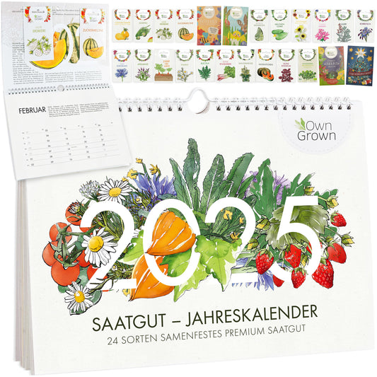 Saatgut Kalender 2025 Wandkalender A4: Garten Wandkalender 2025 – Monatskalender mit 24 Sorten Gemüse Samen, Kräuter, Obst, Blumen – OwnGrown Jahreskalender 2025