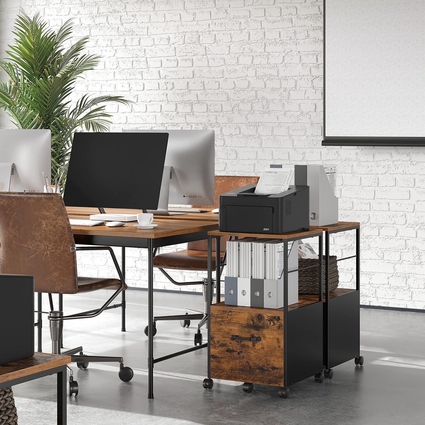 VASAGLE Aktenschrank mit 1 Schublade, Aktenschrank mit Schloss, Druckerständer, Büro-Aktenschrank-Organizer, für A4- und Briefformat, rustikales Braun und Schwarz UOFC044B01