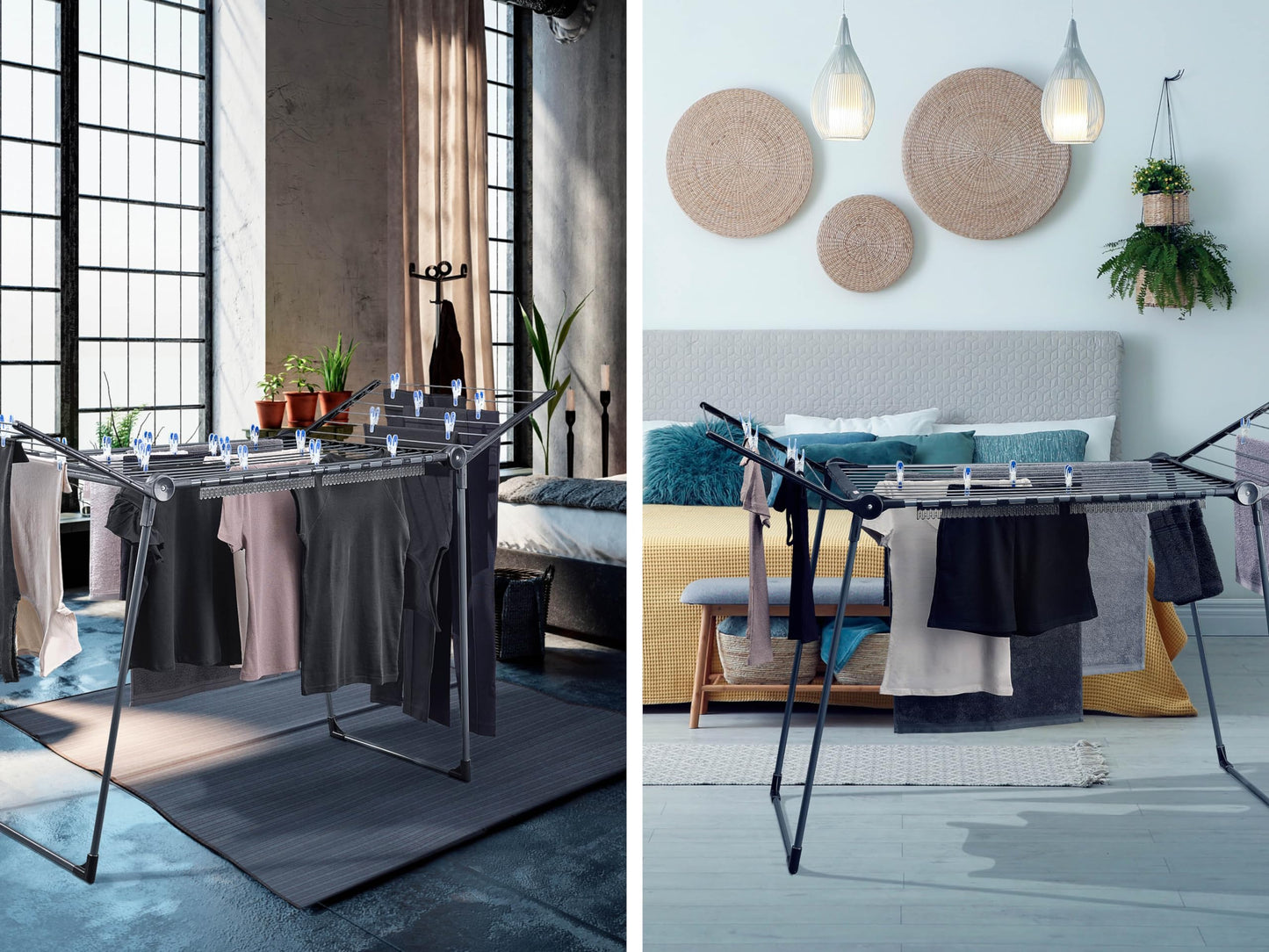 Leifheit Wäscheständer Pegasus 180 Solid Black, schwarzer Standtrockner mit Flügeln für lange Kleidungsstücke, standfester Wäschetrockner Ständer für drinnen und draußen, Wäschereck in modernem Design