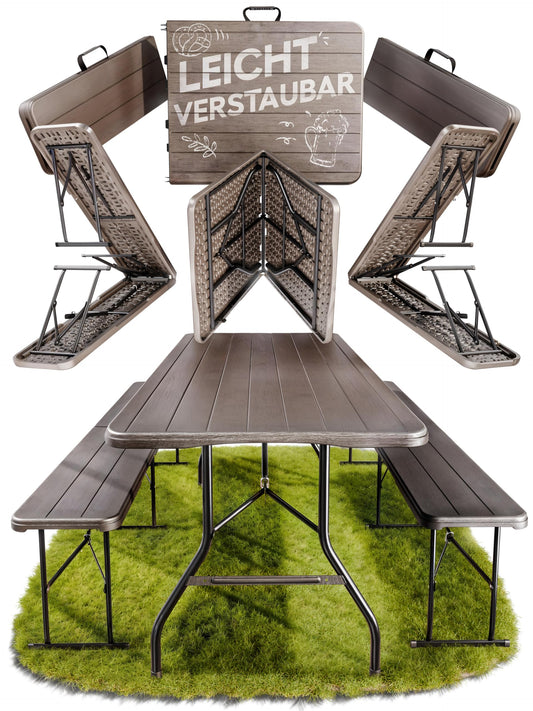 Ondis24 Biertischgarnitur Lisa Campingtisch 2X Bierbank 1x Biertisch Sitzbank klappbar Bierzeltgarnitur 3tlg. einfach transportabel (Braun, XL)