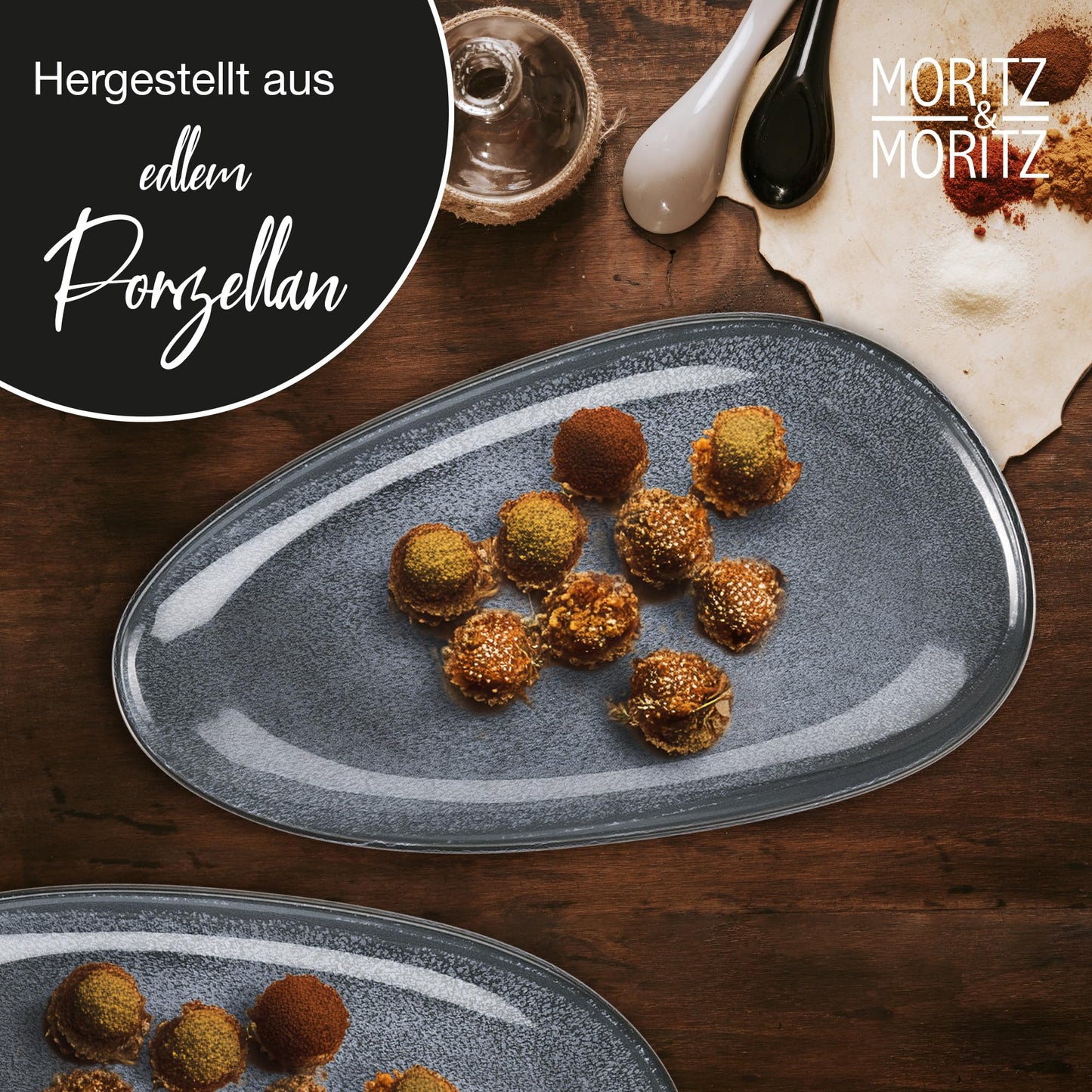 Moritz & Moritz VIDA Servierteller Set Blau - 2x Große Teller aus hochwertigem Porzellan, Modern & Zeitlos, Mikrowellen- & Spülmaschinengeeignet - Perfekt für Salate, Grillfleisch, Snacks & mehr