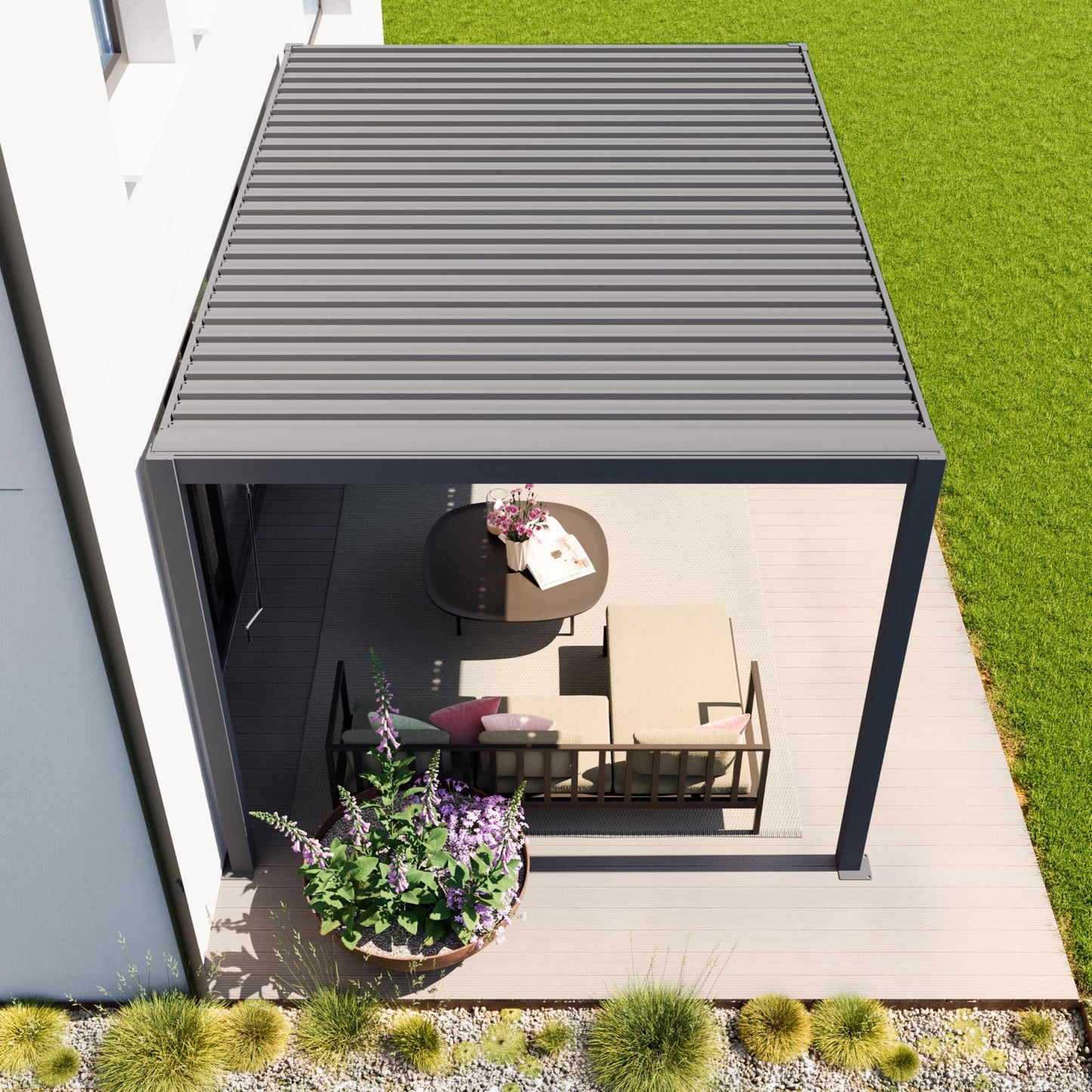 PRIMEYARD Pergola 3x4 m Aluminium-Pfosten mit Lamellendach aus Stahl graue Terrassenüberdachung