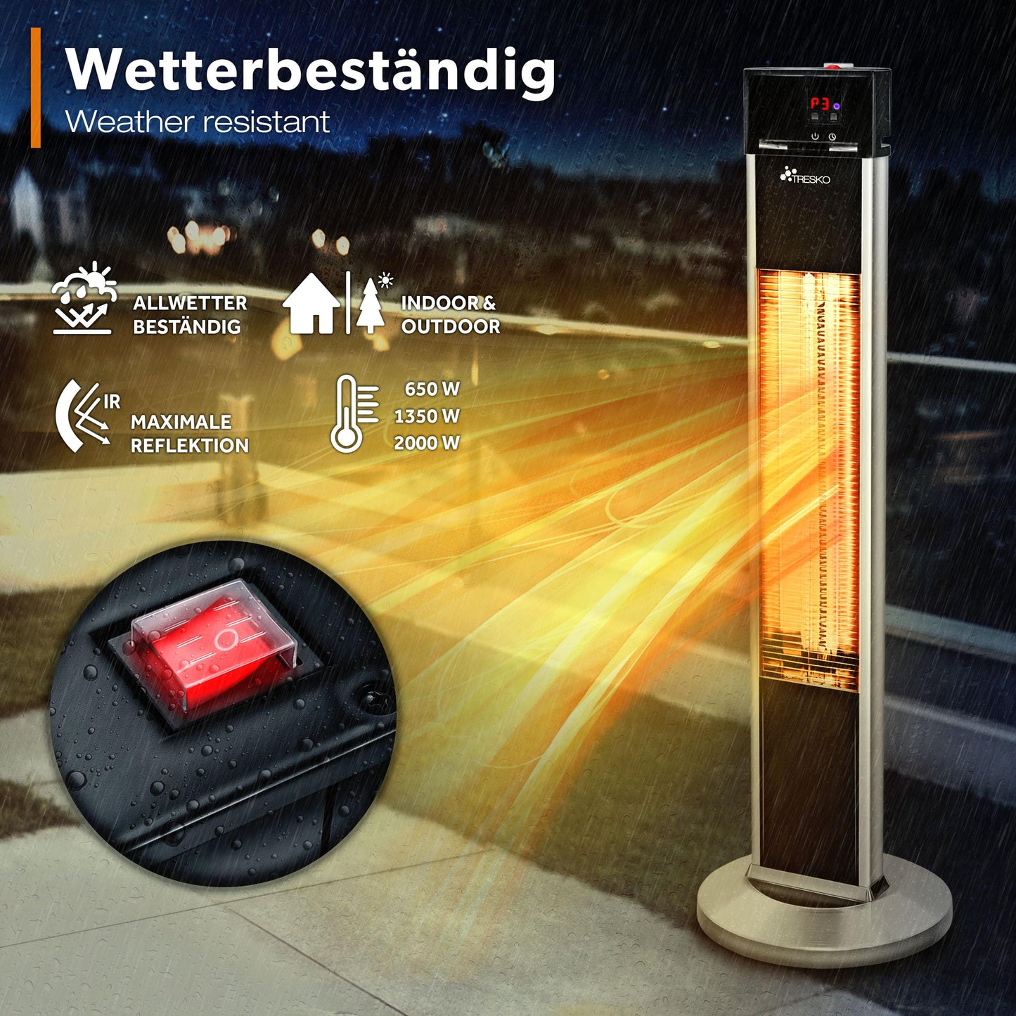 TRESKO Infrarot Stand-Heizstrahler 2000W mit Fernbedienung | Wärmestrahler Terrasse elektrisch mit 3 Heizstufen | Terrassenstrahler Innen & Außen | Infrarotstrahler mit LED-Anzeige