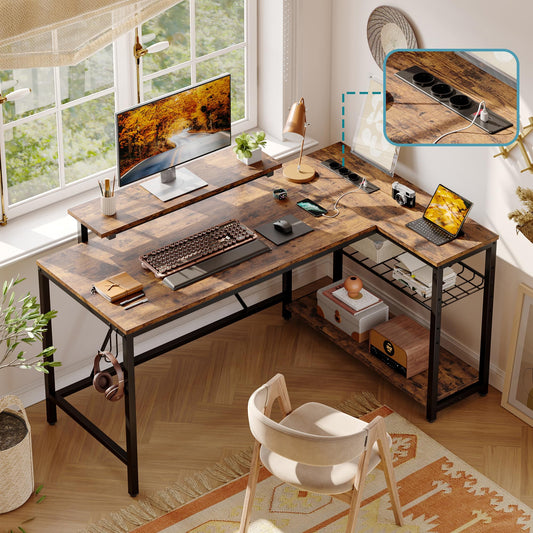 Bestier 132 cm L-förmiger Schreibtisch mit Steckdosen & LED-Beleuchtung, umkehrbarer Eckschreibtisch mit Regalen, großer PC-Arbeitsplatz mit Haken für Home Office und Schlafzimmer