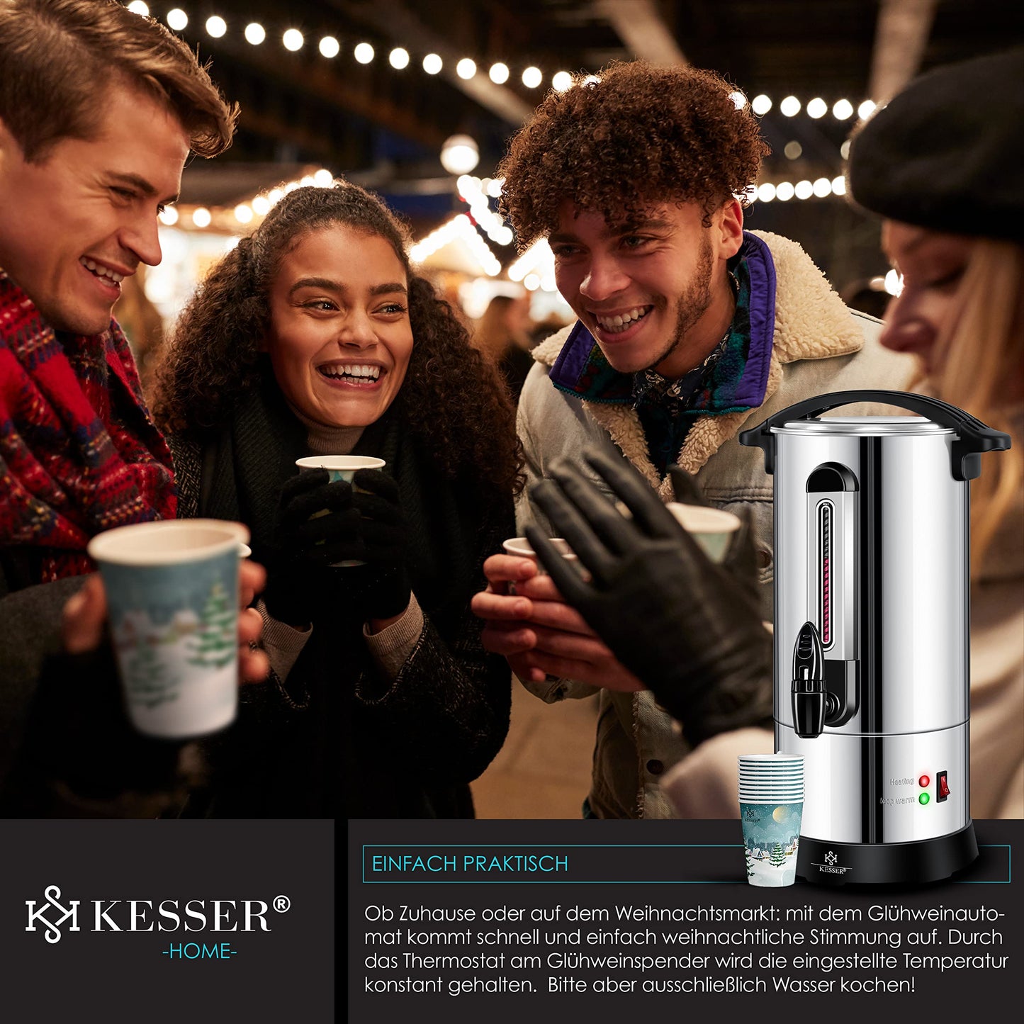 KESSER® Glühweinkessel 10L Edelstahl Inkl. 10x Becher Glühweinkocher mit Thermostat Glühweinautomat Heißgetränkeautomat Wasserkocher Heißwasserspender Einkochautomat Füllstandanzeige Zapfhahn