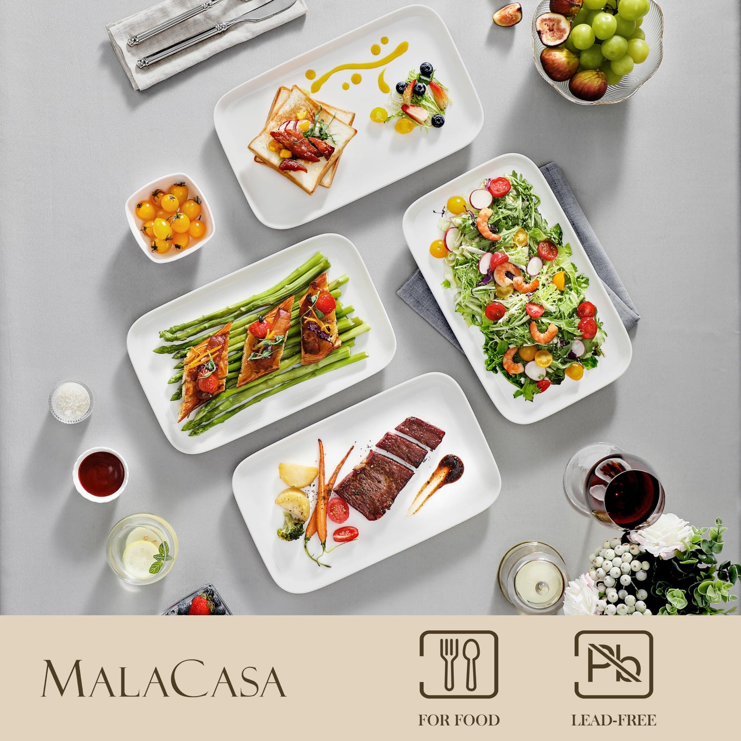 MALACASA Servierplatte Porzellan, Serviertablett 4-teiliges Set, Rechteckig Servierplatte Groß für Buffets, Sushi, Kuchen, Vorspeisen zu Hause/im Restaurant, 30 x 18 cm Weiß (Weiß, 4-teiliges)