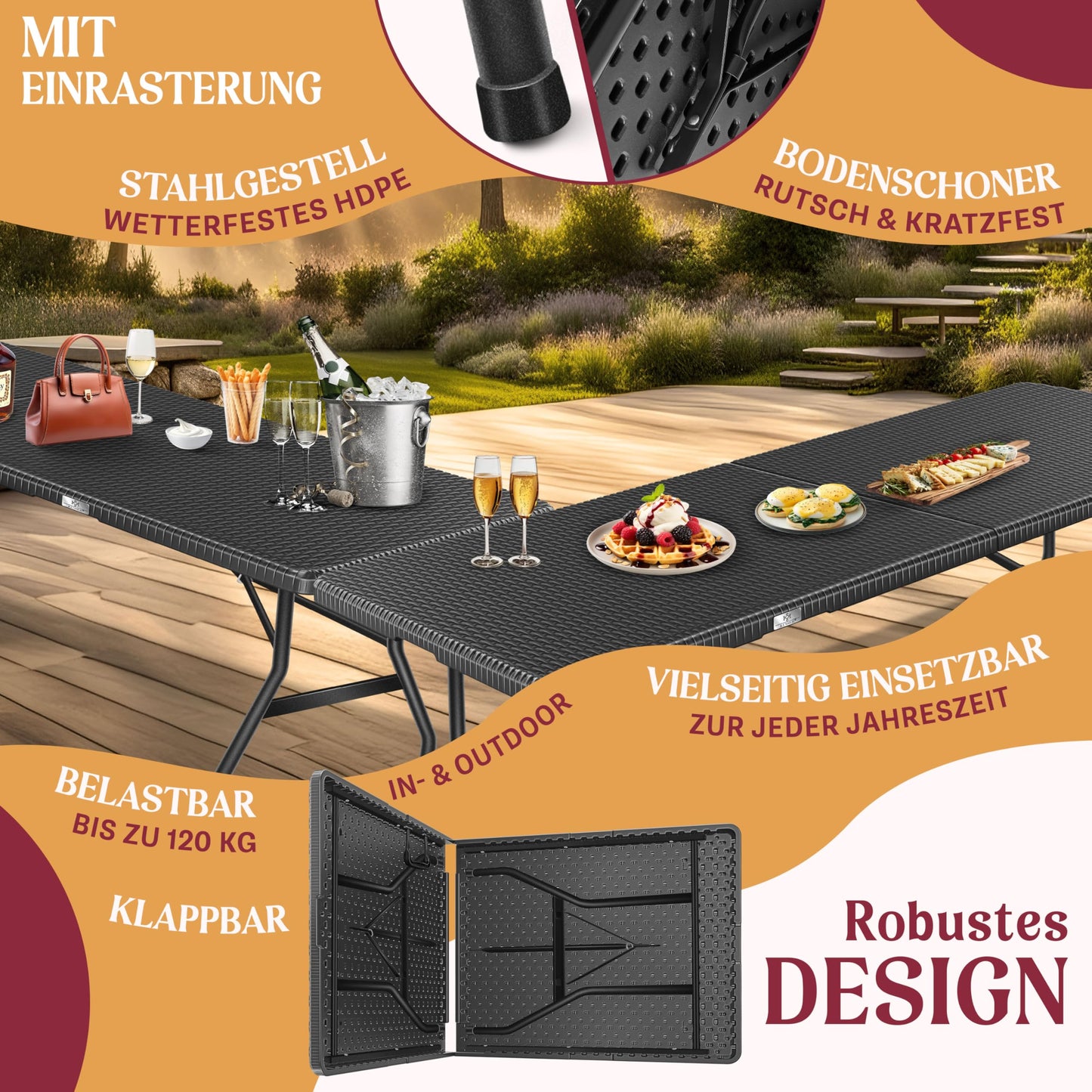 KESSER® Buffettisch Tisch klappbar Kunststoff 183x76 cm Rattan Optik Campingtisch Partytisch Klapptisch Gartentisch für Garten Terrasse und Balkon zusammenklappbar 6 Personen ink. Tragegriff Anthrazit