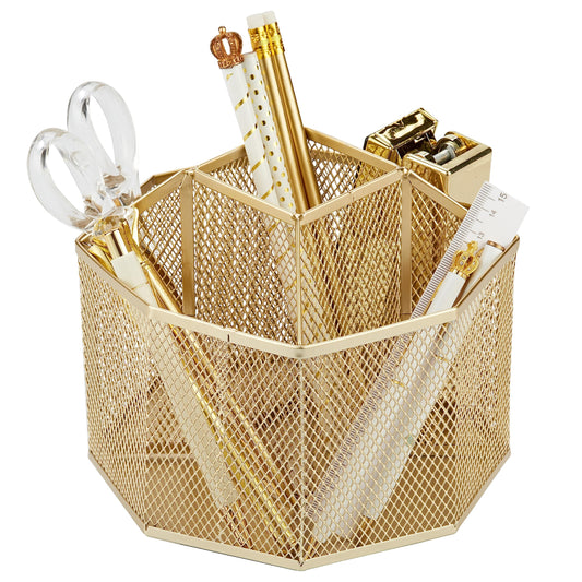 Annova drehbarer Schreibtisch-Organizer aus Metallgeflecht in Gold mit 5 Fächern für Büro, Schule oder Homeoffice.