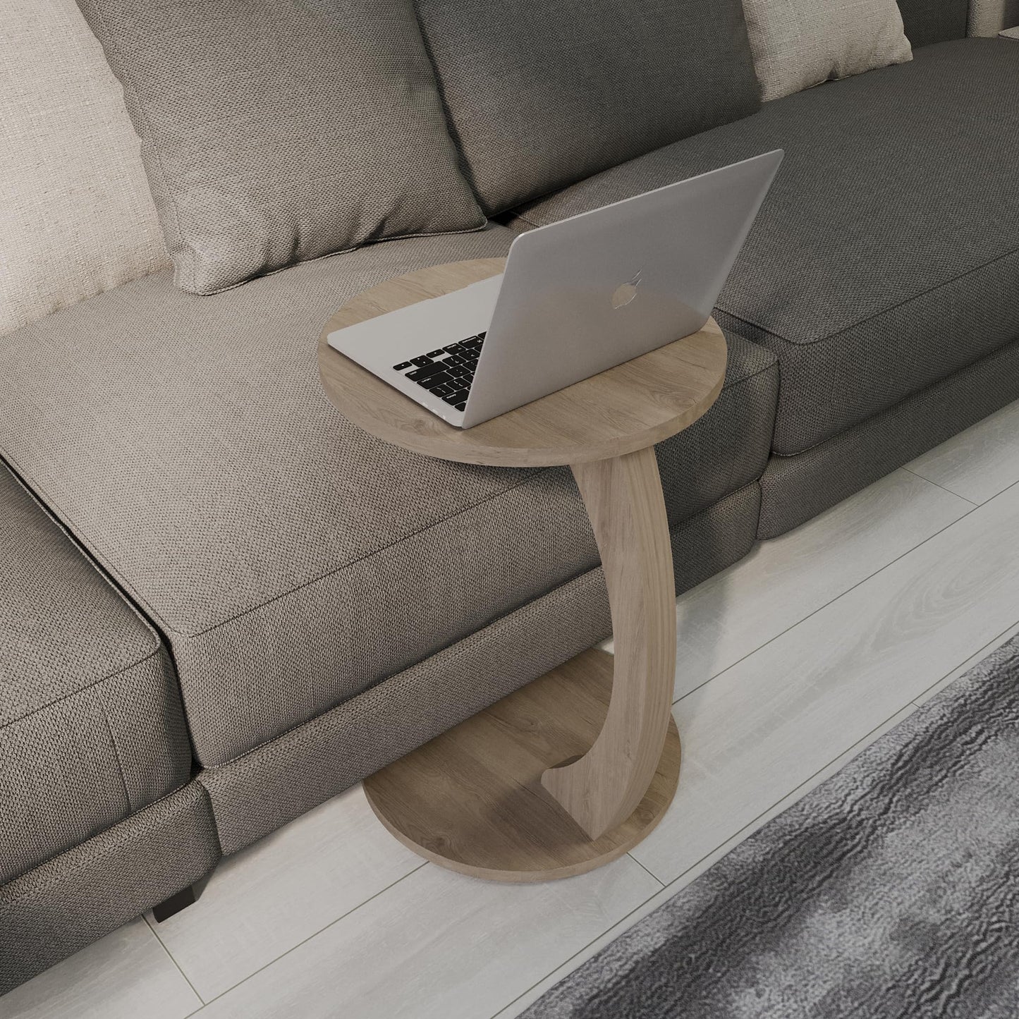 sugodesign Couchtisch mit Rollen, Kleiner Beistelltisch C Form, stylischer Sofatisch in schöner Smoky-Oak-Optik, runder Tisch als Ablagefläche für Couch und Sofa, Beistelltisch Couch