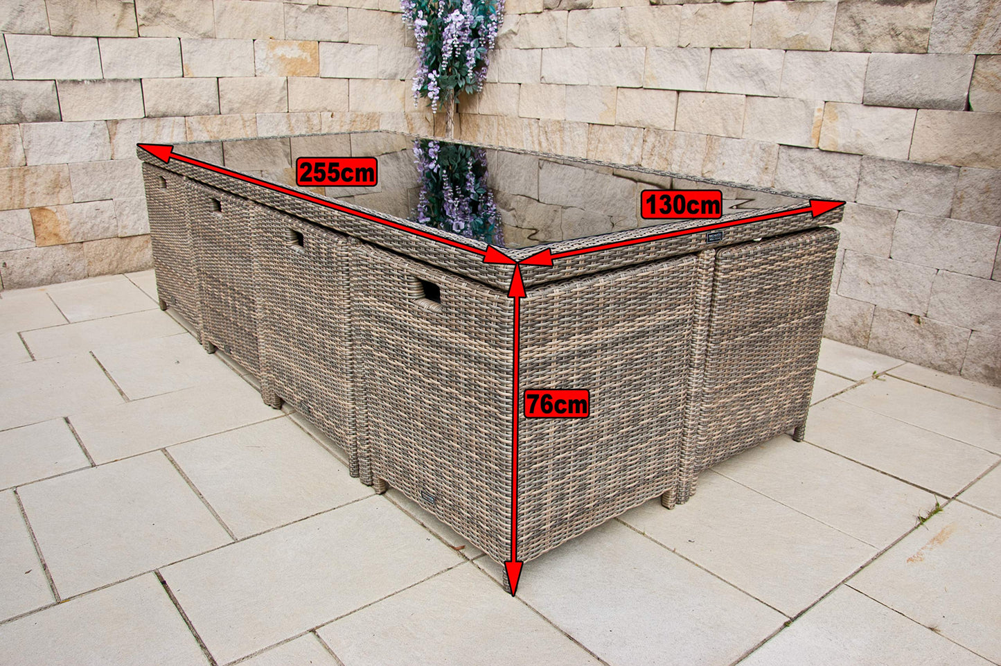 PolyRattan - Deutscher Hersteller - 10 Jahre GARANTIE auf UV-Beständigkeit - Gartenmöbel Essgruppe Tisch 8 Stuhl Hocker Polster Rostfrei Aluminium Dining Lounge Naturfarben Grau Schwarz