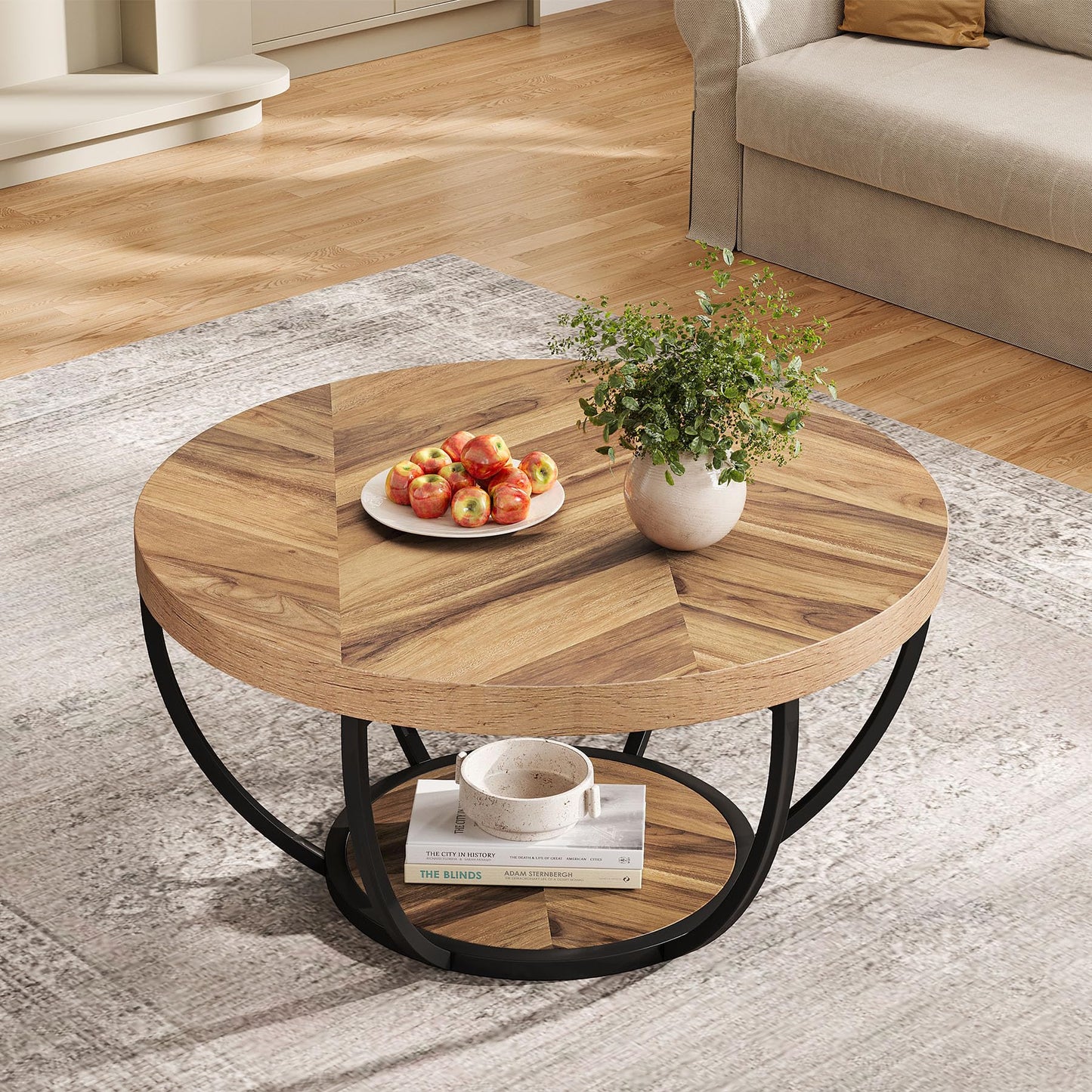Tribesigns Runde Couchtisch, Industrial 2-Tier-Kreis Couchtisch mit Lagerung Regale, Moderne hölzerne Akzent Mitte Tisch Sofa Beistelltisch für Wohnzimmer, Home Office