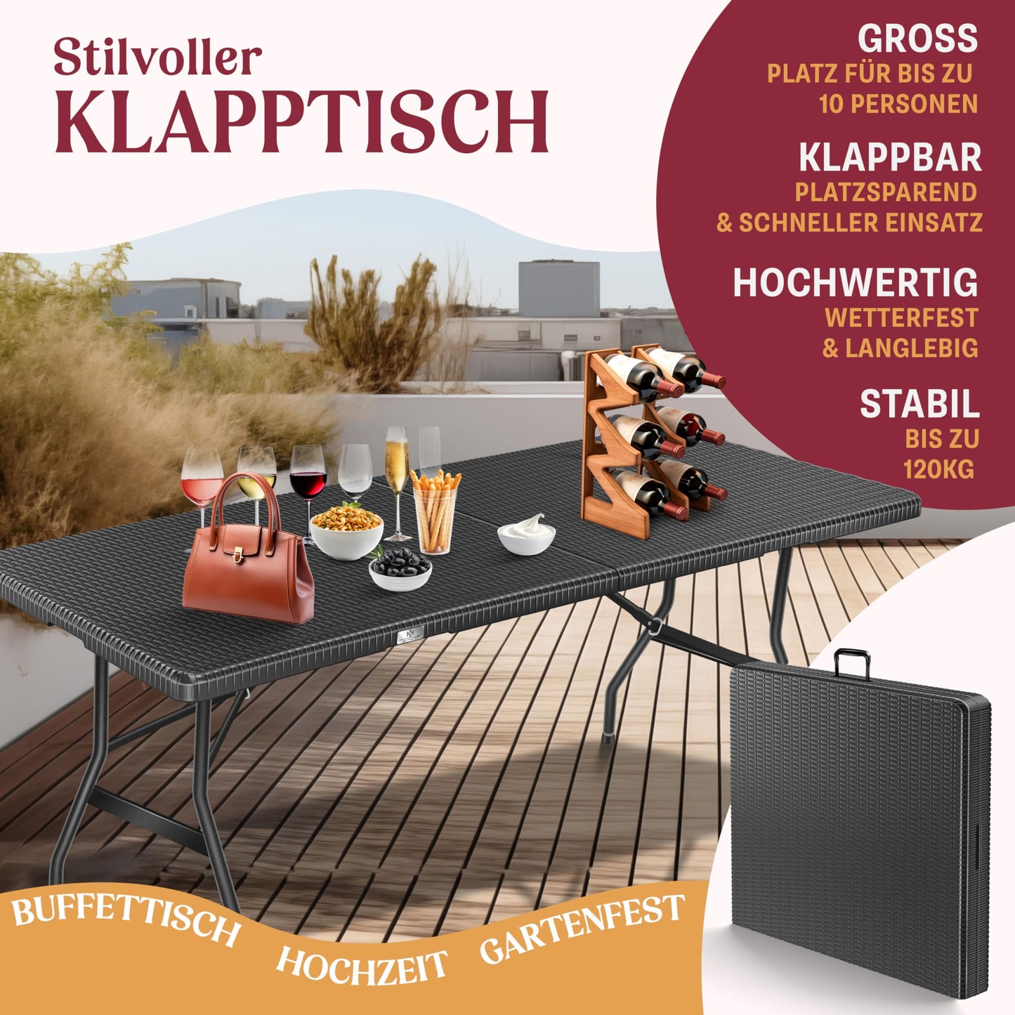 KESSER® Buffettisch Tisch klappbar Kunststoff 183x76 cm Rattan Optik Campingtisch Partytisch Klapptisch Gartentisch für Garten Terrasse und Balkon zusammenklappbar 6 Personen ink. Tragegriff Anthrazit