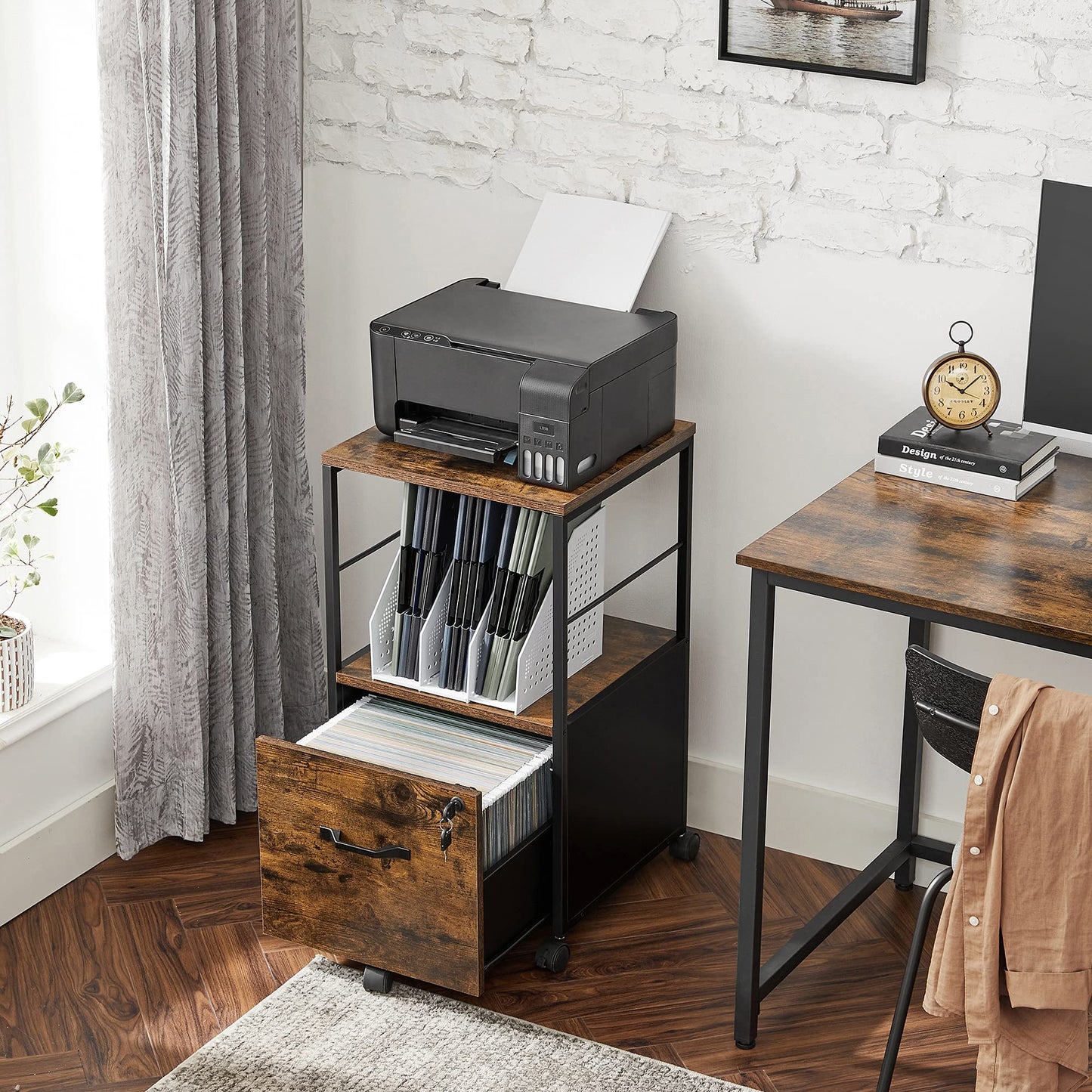VASAGLE Aktenschrank mit 1 Schublade, Aktenschrank mit Schloss, Druckerständer, Büro-Aktenschrank-Organizer, für A4- und Briefformat, rustikales Braun und Schwarz UOFC044B01