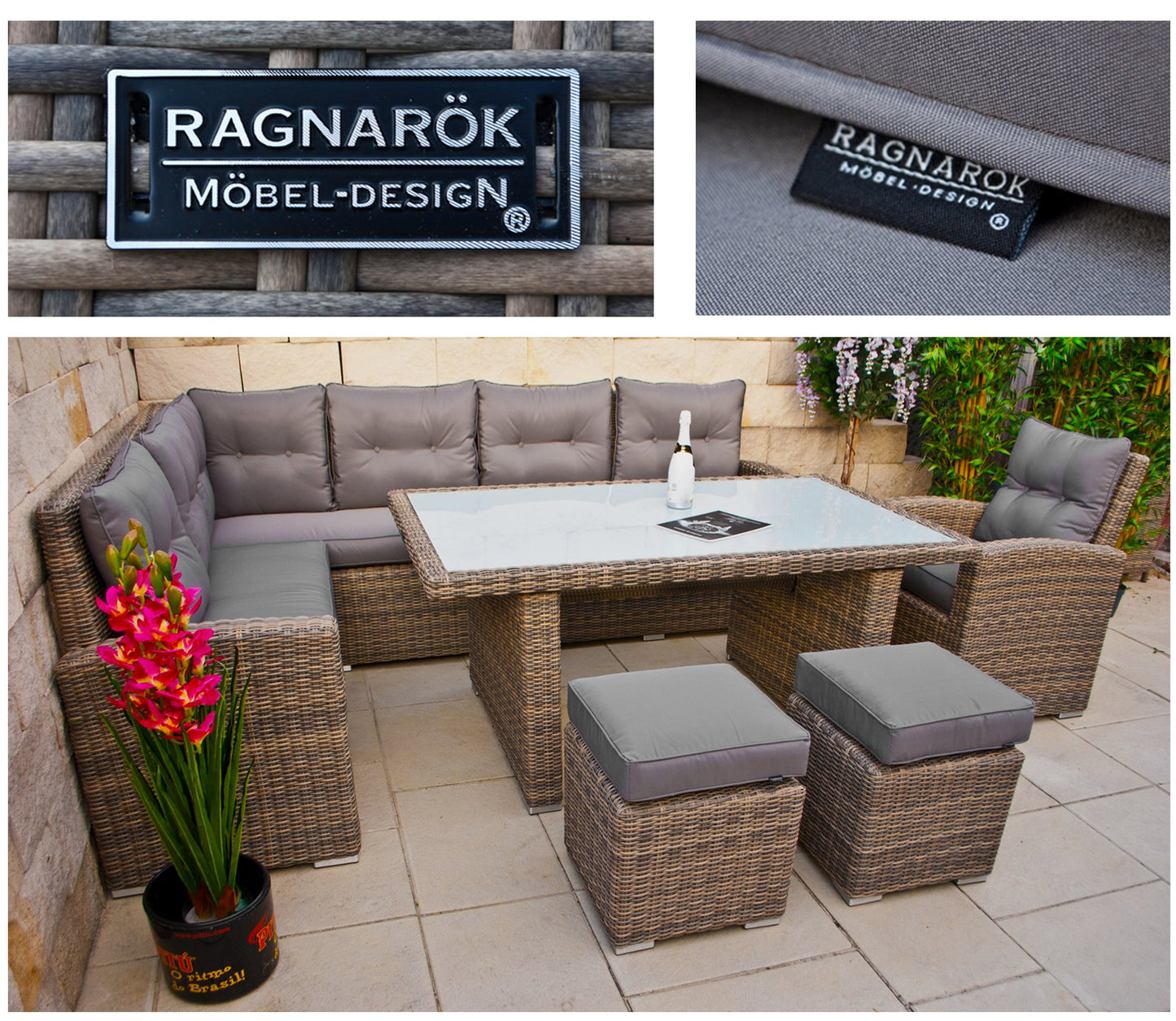hohe Dining Lounge - DEUTSCHE Hersteller - 8 Jahre GARANTIE - EIGENE Produktion - PolyRattan Gartenmöbel Essgruppe Sessel Naturfarben Rundrattan Grau