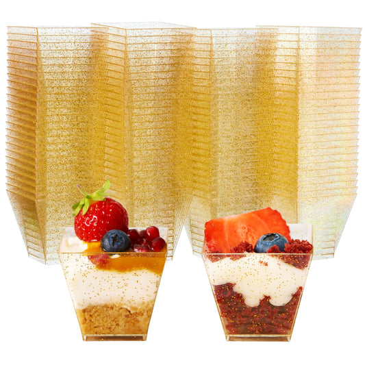 MATANA 100 Mini Plastik Dessertschalen, Dessertgläser mit Goldglitter für Partys, 60ml - Kleine Dessert Fingerfood Schalen, Gold Dessertbecher, Plastikbecher Nachspeise