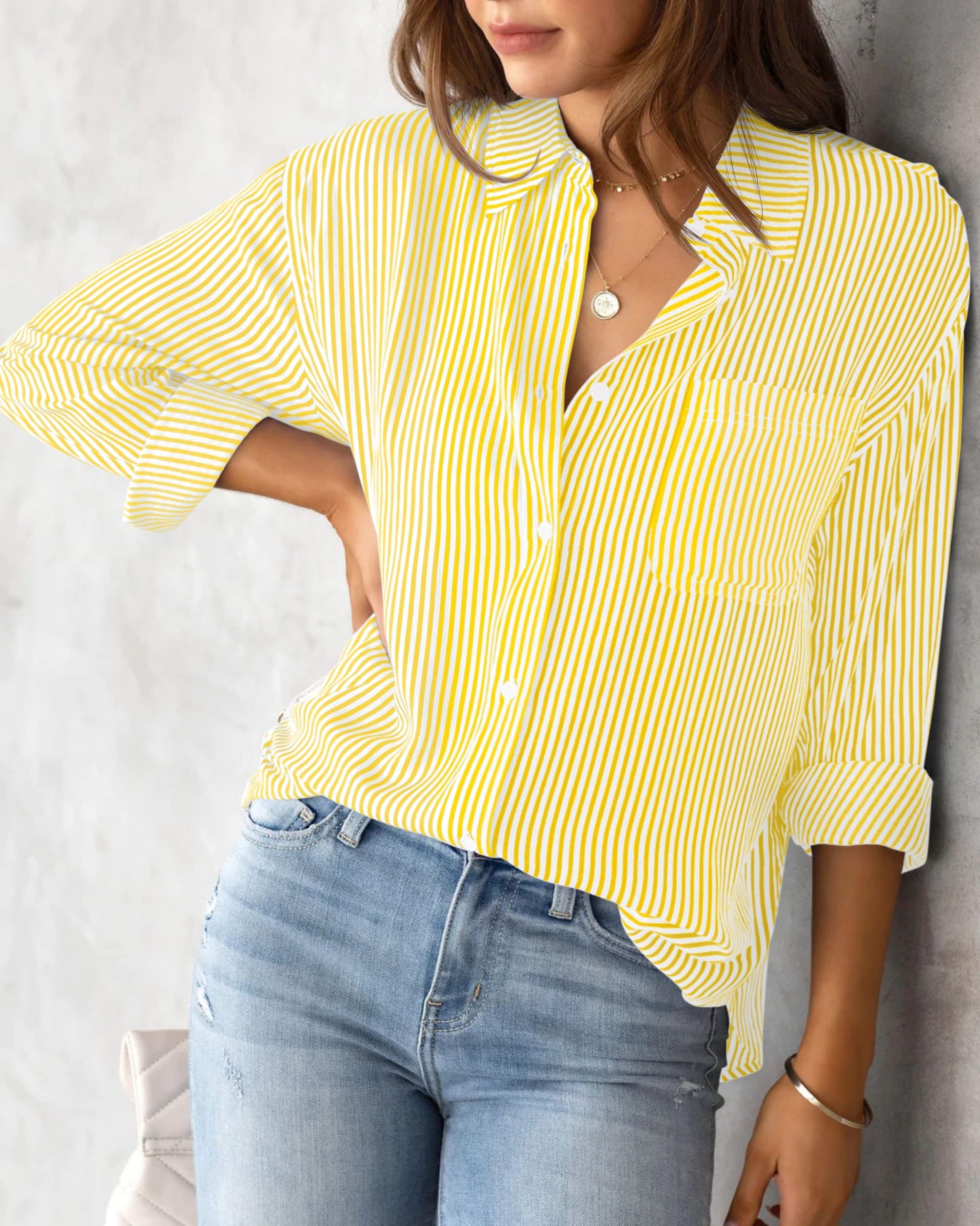 NONSAR Bluse Damen Elegant Langarm Streifenbluse Hemden mit Knöpfen Casual Büro Arbeit Blusen Baumwolle Tunika Hemd Oberteile Tops(9359M,Gelb)