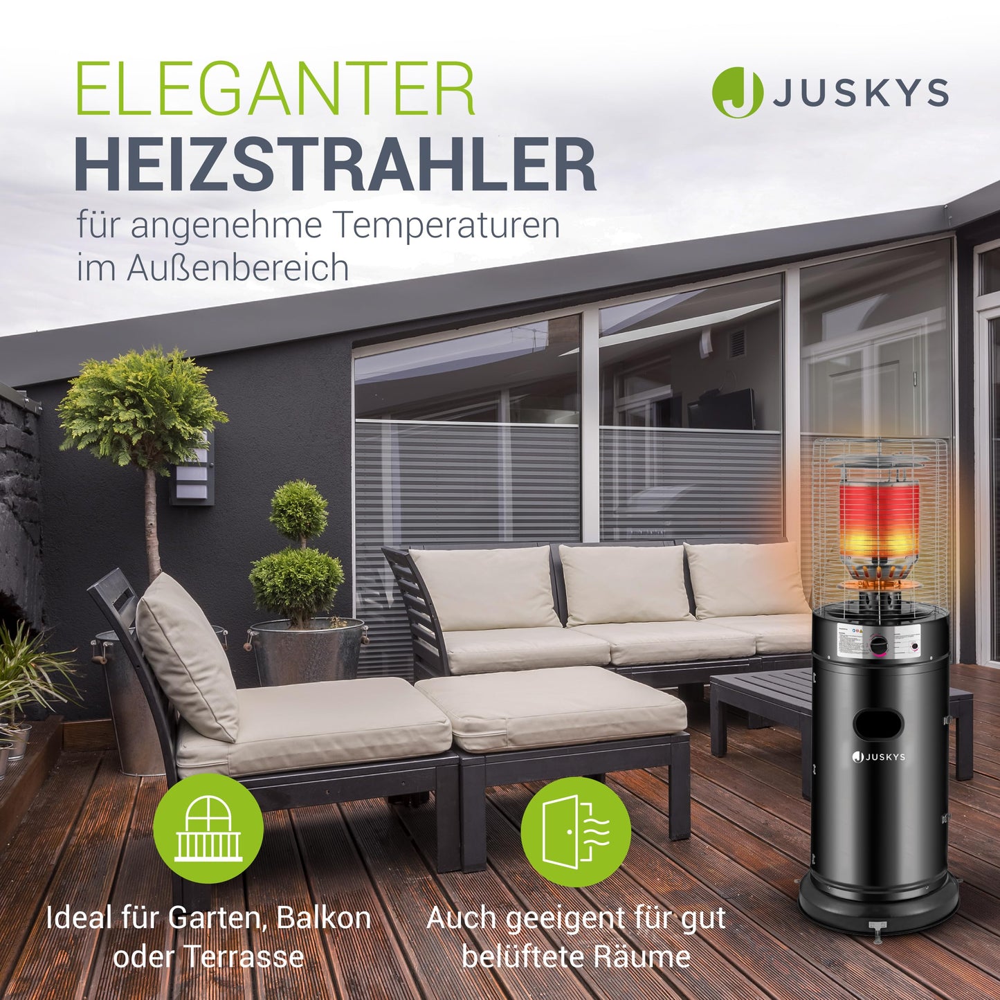 Juskys Outdoor Heizstrahler Cuna mit 11 kW Gas-Brenner - Heizpilz Terrassenheizer mit Gas für Terrasse Balkon und Garten - für 5 und 11 kg Gasflaschen