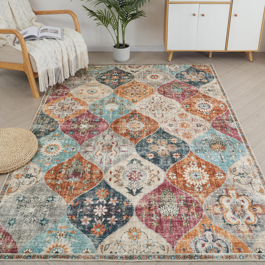 Xfrog Teppich Blumen Boho Rutschfester Waschbarer Teppich Klein Ultraweicher Antiker Teppich Wohnzimmer Niedriger Flor Flächenteppich für Wohnzimmer, Schlafzimmer, Kinderzimmer 80 x 150 cm