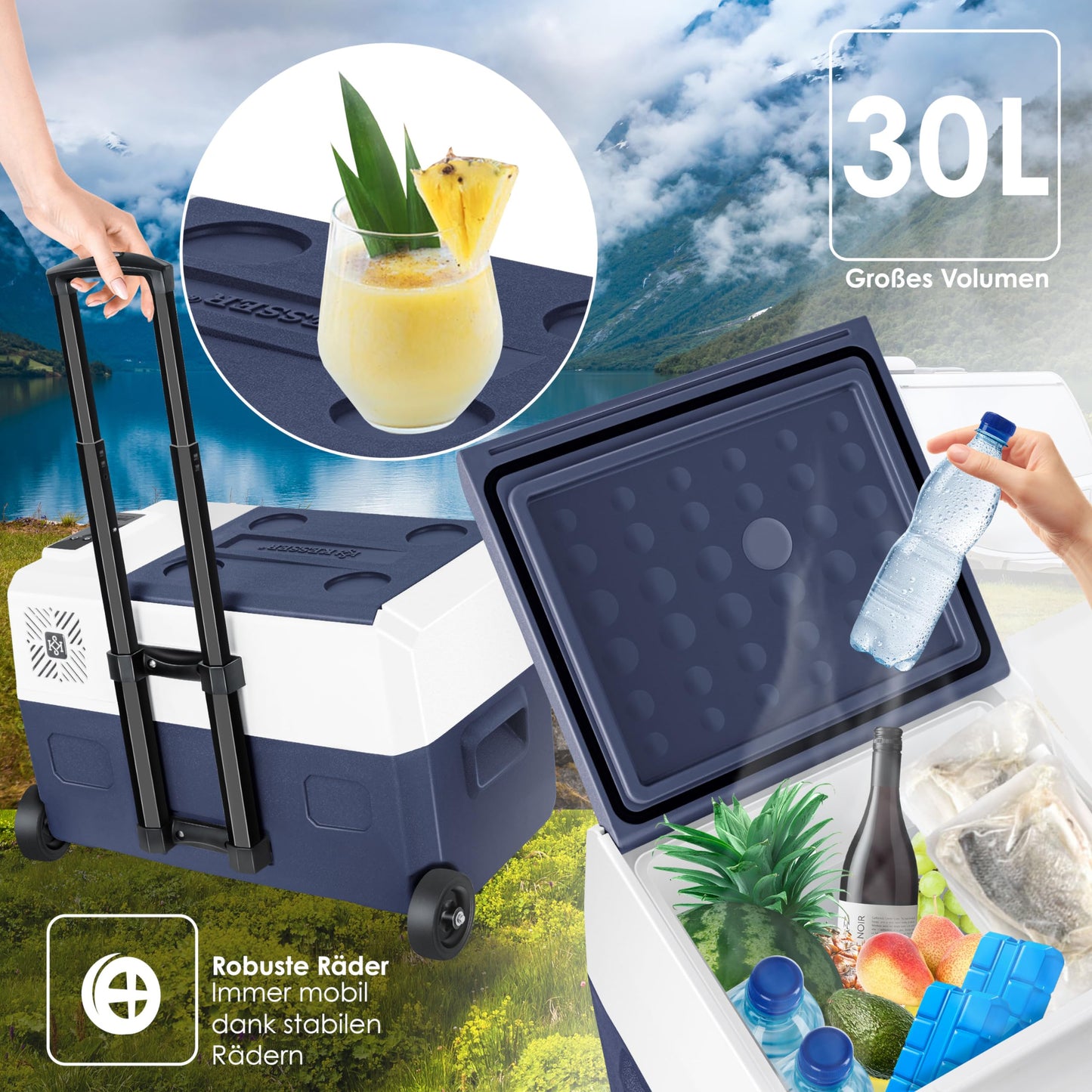 KESSER® Kompressor Kühlbox elektrisch Gefrierbox, 30 Liter Mit APP-Steuerung USB-Anschluss 12/24 V 230V, +Teleskopstange, 2x Kühlakkus Räder Kühlschrank Kühlung bis -20 °C für Auto, Lkw, Boot