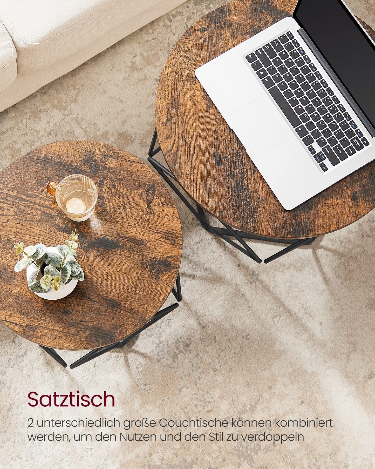 VASAGLE 2er-Set Runder Couchtisch, Vintage Braun/Tinten Schwarz, Beistelltisch mit Abnehmbarer Platte, Industrie-Vintage für Wohnzimmer
