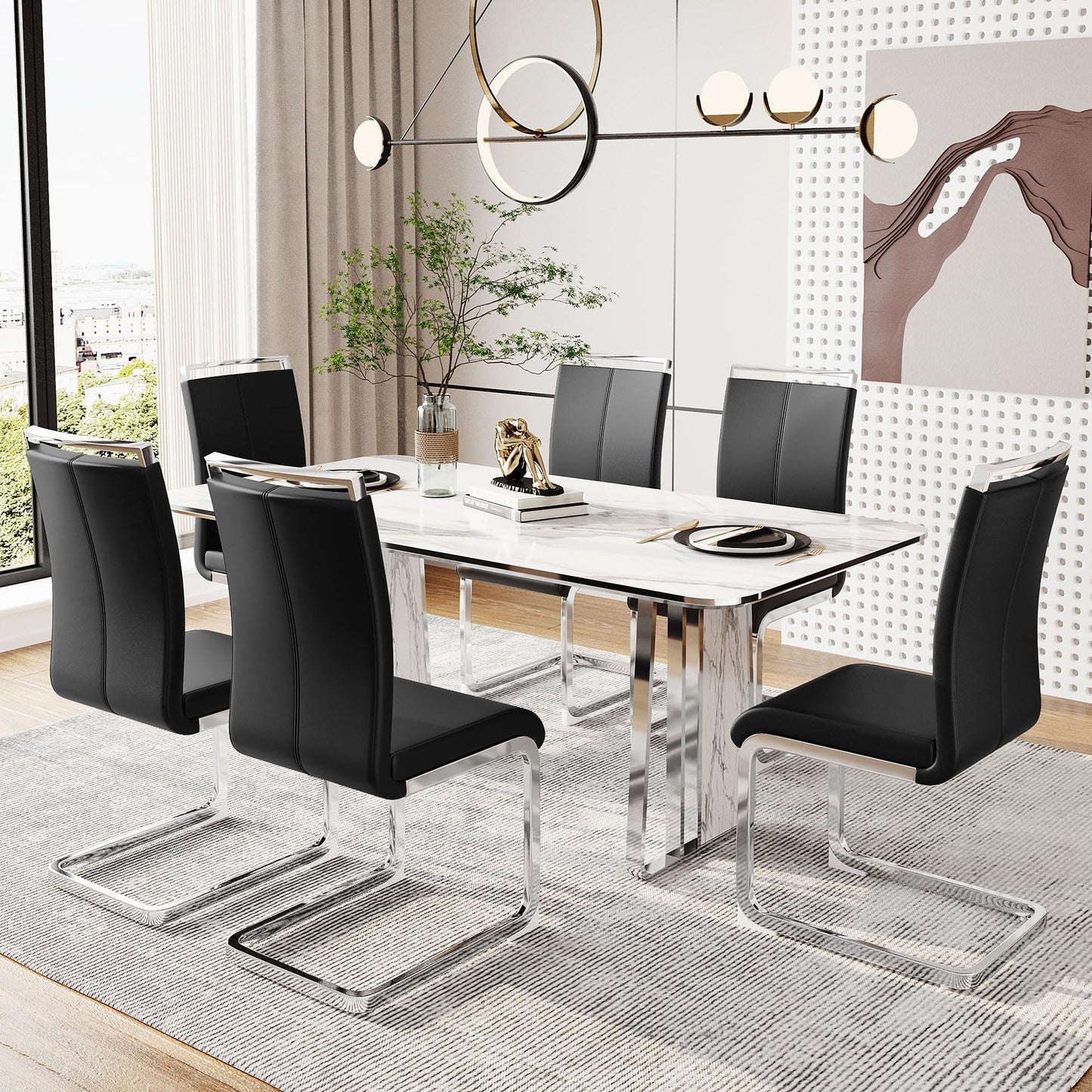 Merax Esszimmerstühle 4er Set, Freischwinger Schwingstuhl mit PU Kunstleder und hoher Rückenlehne, Moderner Küchenstuhl, Metallgestell, Polsterstuhl für Wohnzimmer Konferenzraum, Schwarz