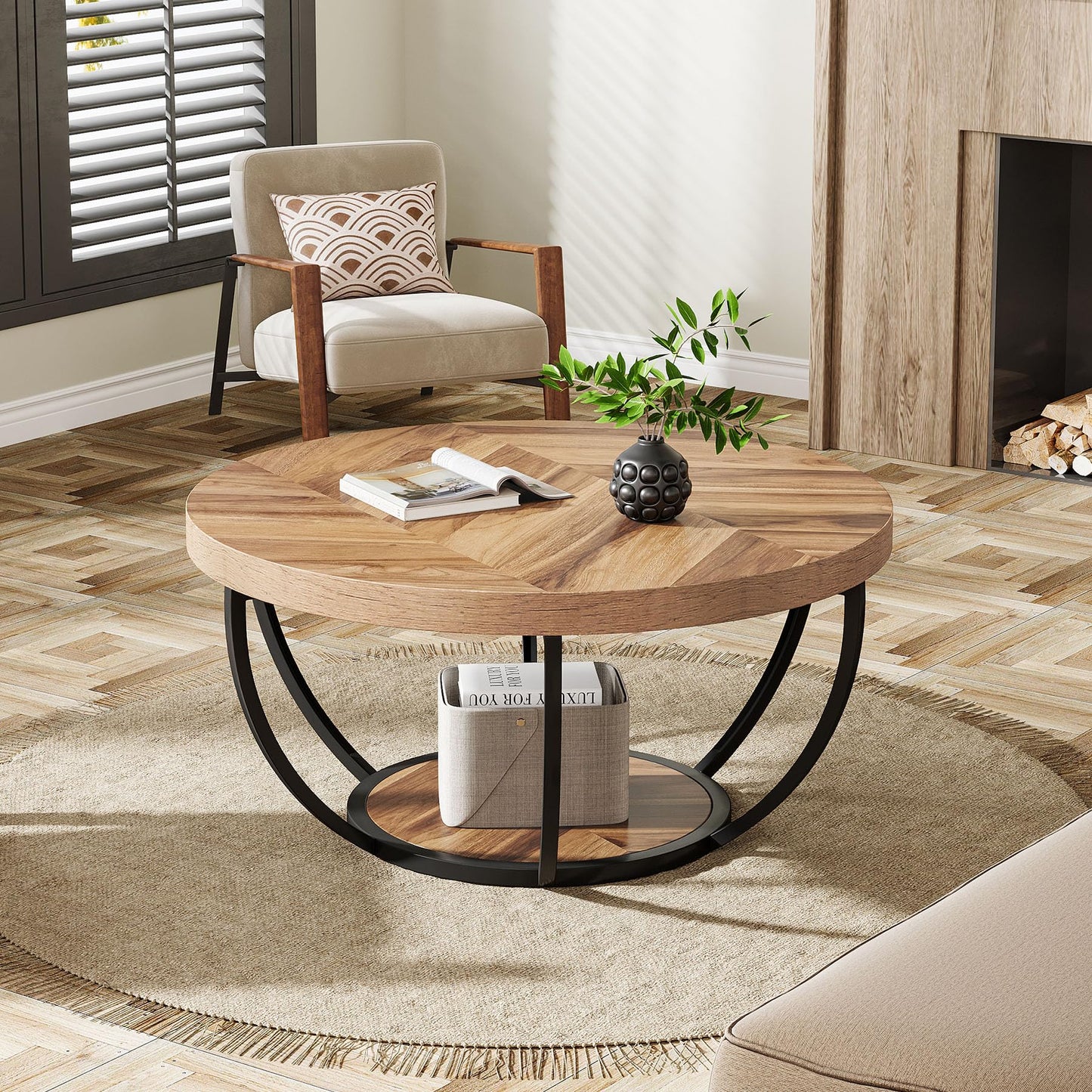 Tribesigns Runde Couchtisch, Industrial 2-Tier-Kreis Couchtisch mit Lagerung Regale, Moderne hölzerne Akzent Mitte Tisch Sofa Beistelltisch für Wohnzimmer, Home Office