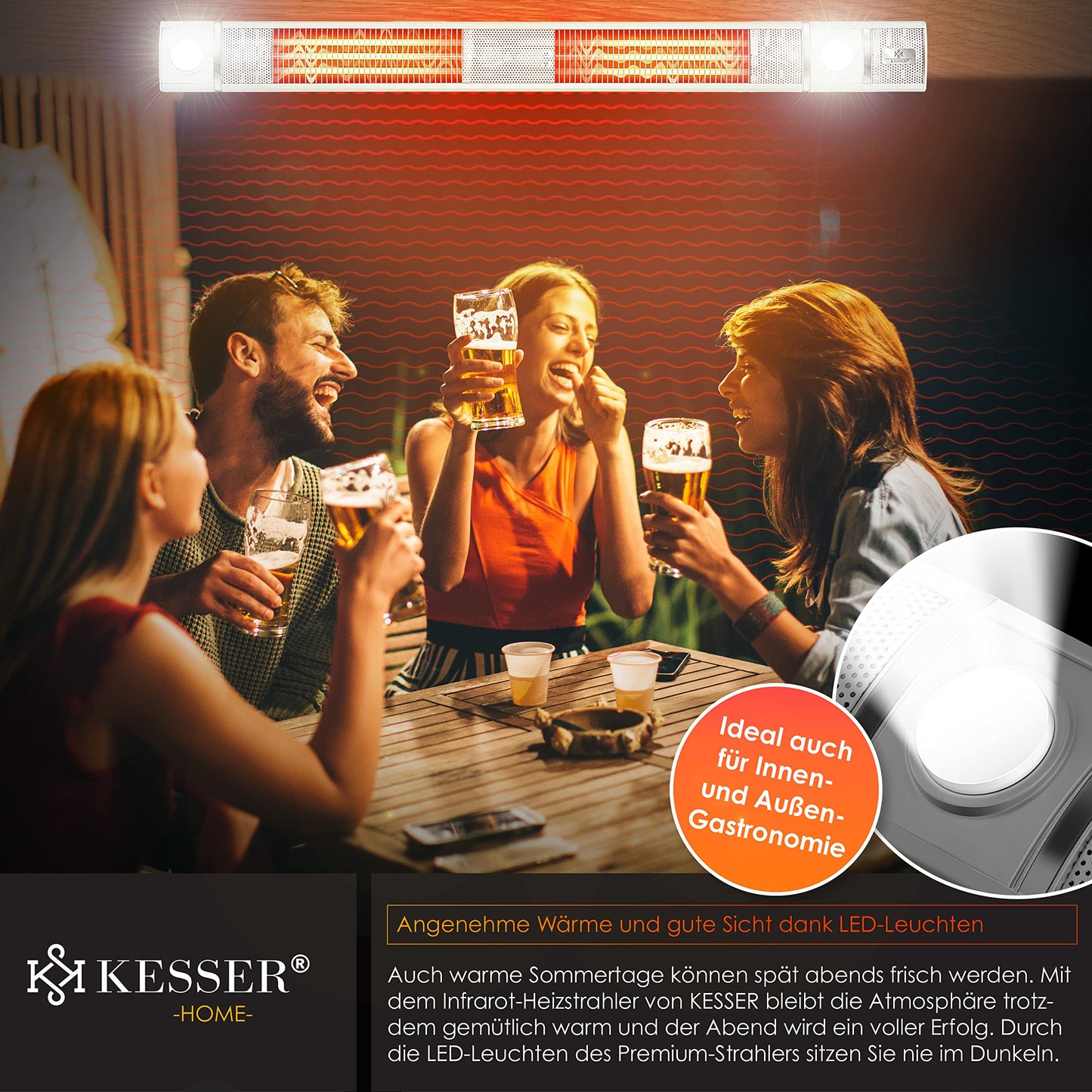 KESSER® Infrarot Heizstrahler 3000W IR-Gastro-Bar Inkl. LED Licht Terrassenstrahler Mit WiFi & Fernbedienung inkl. Schutzhülle Infrarotstrahler Quarzstrahler Terrassenheizer Wand-Heizstrahler