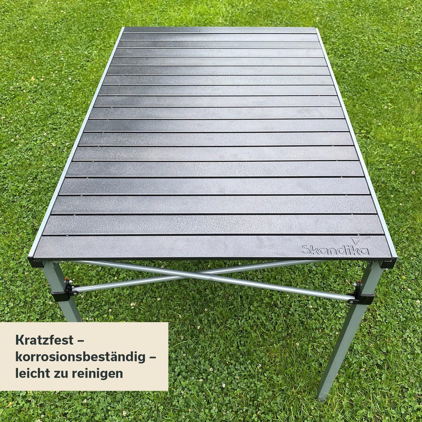 Skandika Aluminium Klapptisch Maikku | Alu Campingtisch für 6 Personen, 80 kg Traglast, 107 x 70 x 70 cm, wasserfest, klappbar, leicht, einrollbare Tischplatte | Falttisch für Garten, Angeln (Grau)