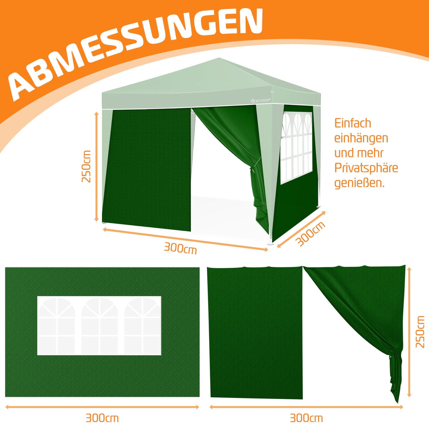 KESSER® 2X Seitenwand für Pavillon 3x3m - Faltpavillon Pop Up | klappbar | platzsparend | verstaubar, Grün