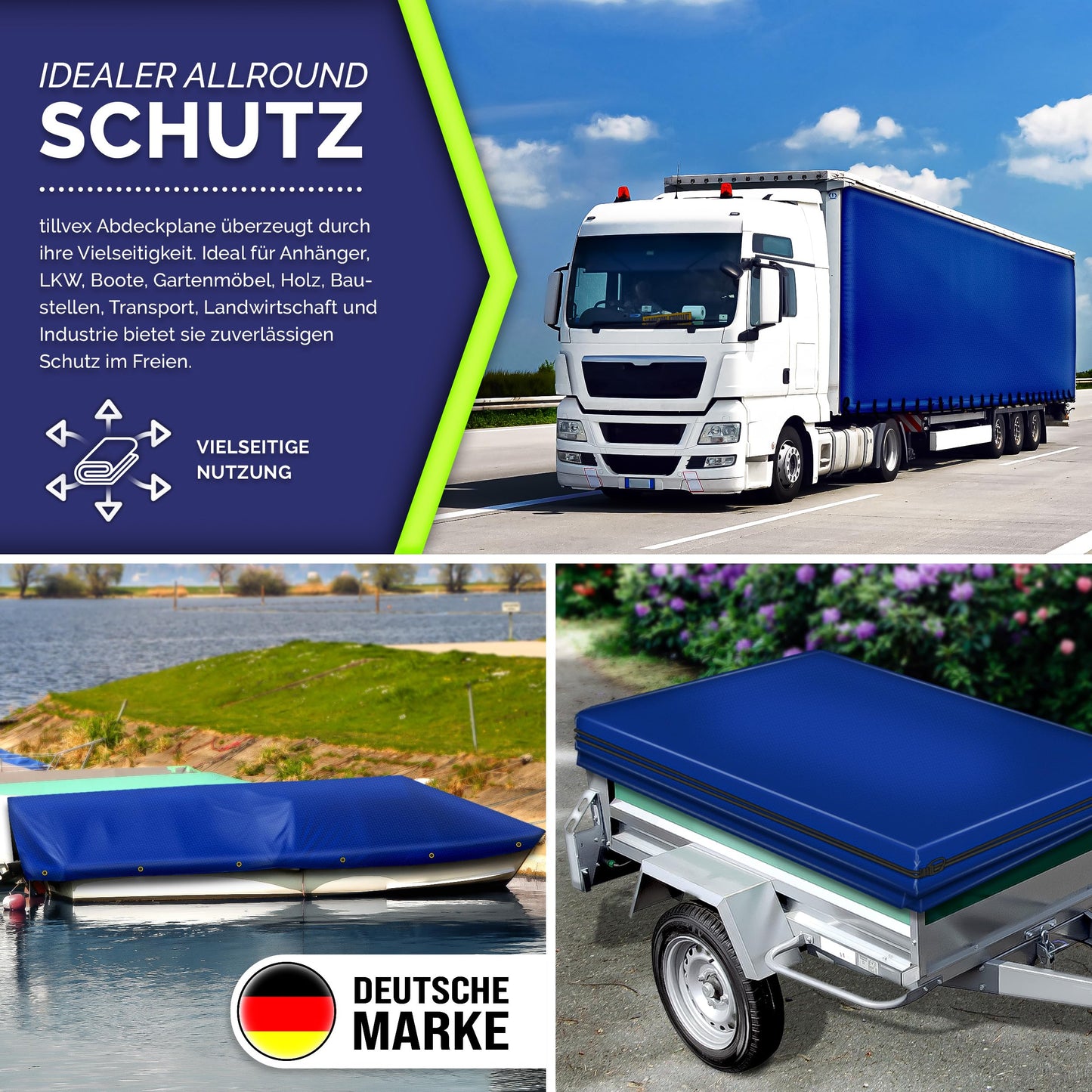 tillvex® Abdeckplane mit Ösen + 10x Spanngummi & 15m Seil | Gewebeplane 650g/m² Wasserdicht & Reißfest | Premium PVC-Plane Universell LKW, Pool, Holz Gartenmöbel | Gartenplane Abdeckung (Blau, 3x5 m)