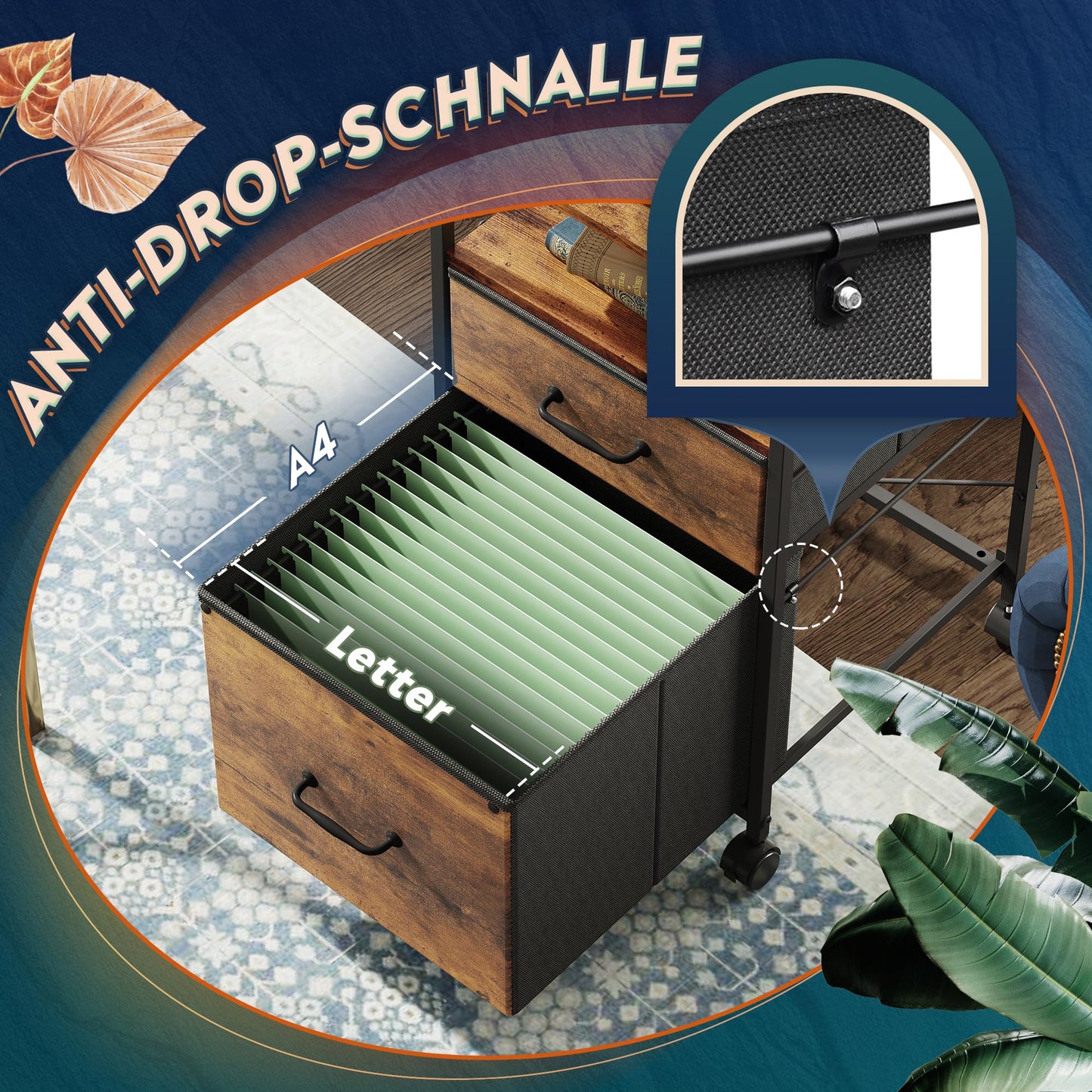 DEVAISE Rollcontainer, Aktenschrank mit 2 Schubladen und Offenes Fach, Büroschrank mit Feststellbaren Rädern, für A4/Legal/Letter, Vintagebraun-Schwarz